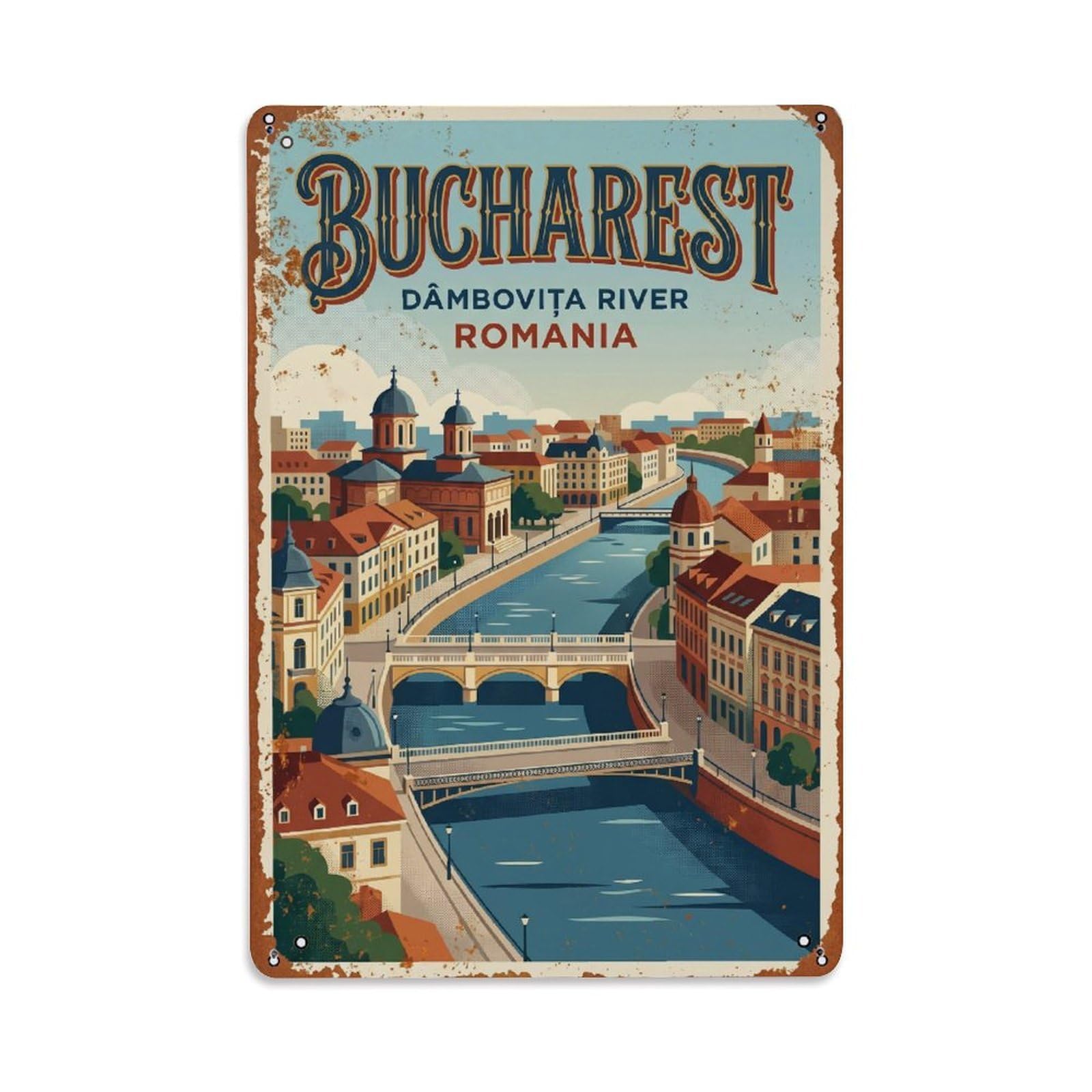Vintage Travel Bucharest Dambovita River Waterfront Romania Metal Tin Sign Plaque Wall Decor for Cafe, Club Bar, Office, Home Garden Metal Poster 8x12Inch