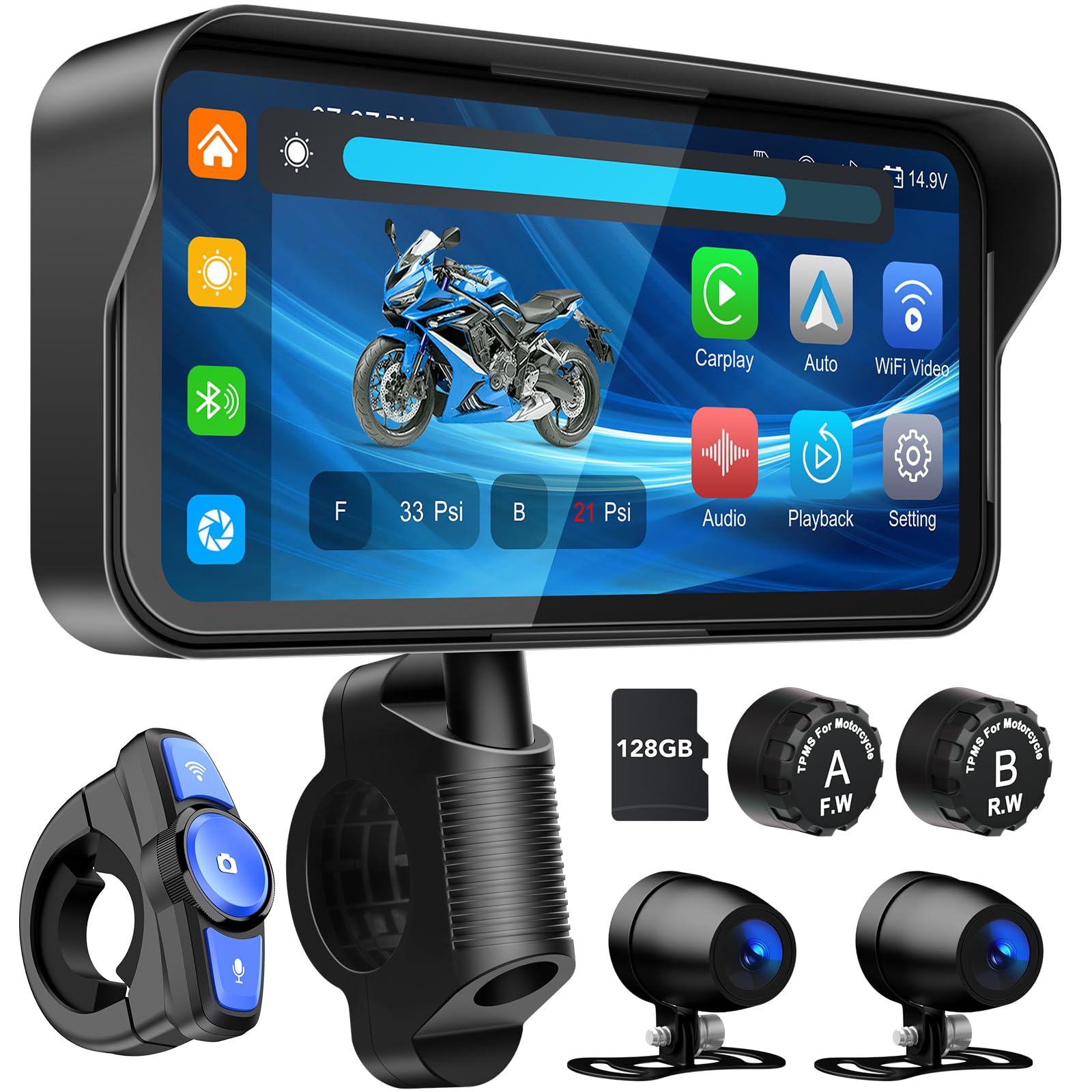 LBW Portable Motorcycle Dash Cam, Wireless Motorcycle CarPlay & Android Auto, Motorbike TPMS GPS Navigation, 6.25" IP67 Waterproof Touch Screen, Remote Control, Dual HD 1080P Cameras, Free SD 128GB-image-48