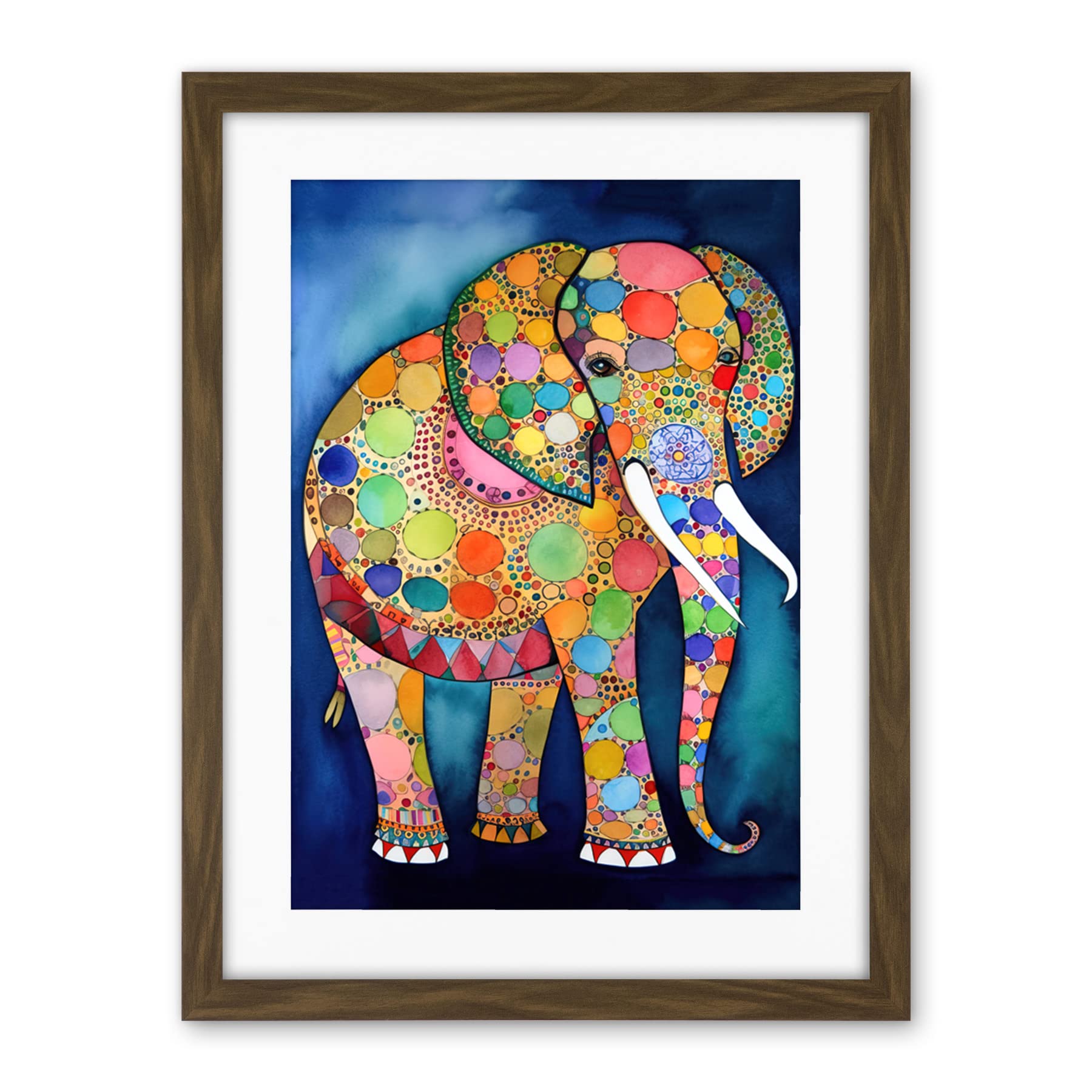 Artery8 Elephant With Patterns Folk Art Watercolour Painting Artwork Framed Wall Art Print 18X24 Inch