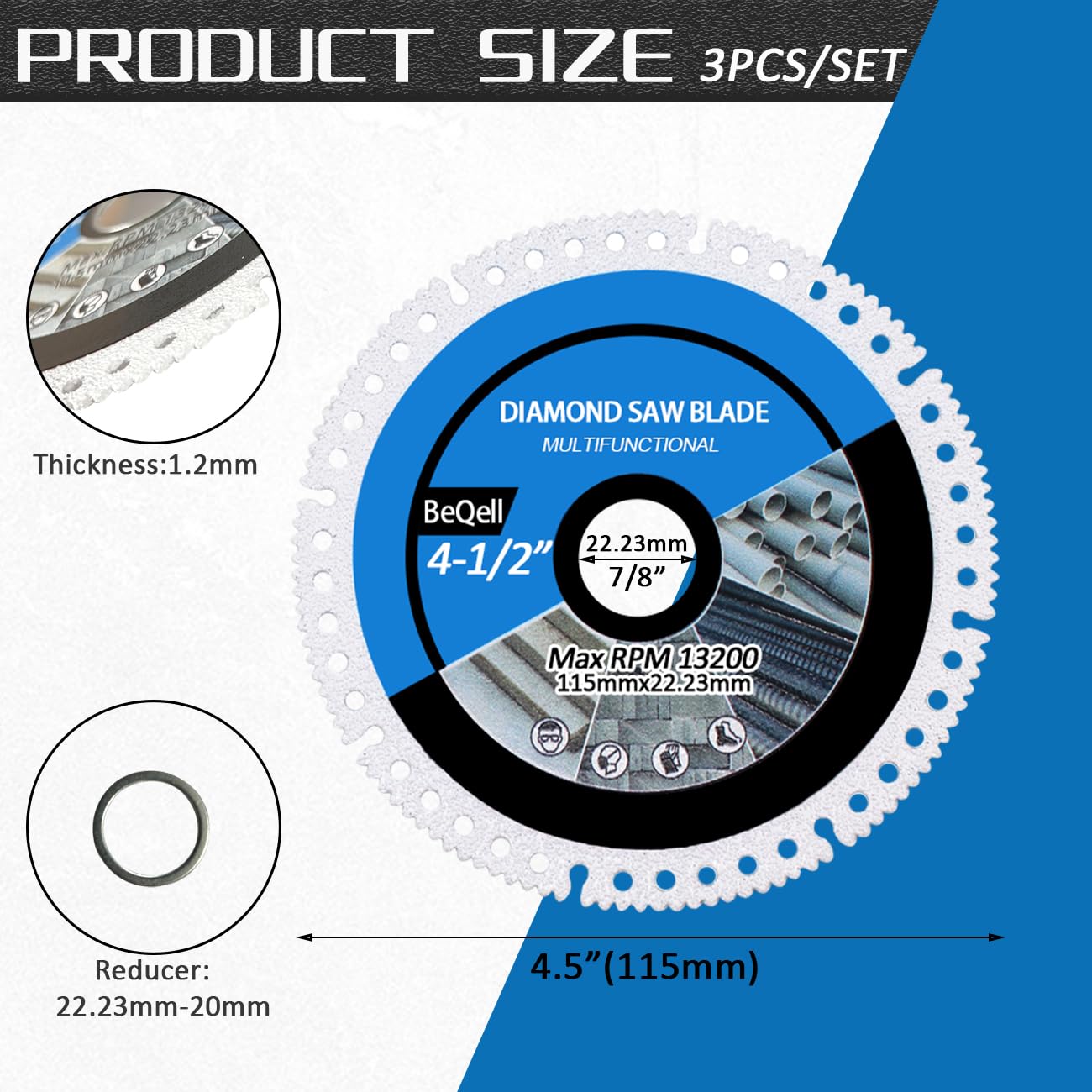 4.5" Diamond Multi-Purpose Saw Blades 3PCS,115mm Heavy Duty Angle Grinder Cutting Discs for Marble Quartz Stone Tile Metal Plastic