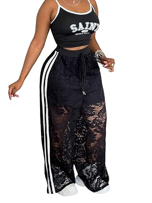 Womens Y2k Plus Size Lace Baggy Pants Side Striped Sheer Mesh Elastic Waist Wide Leg Track Pants