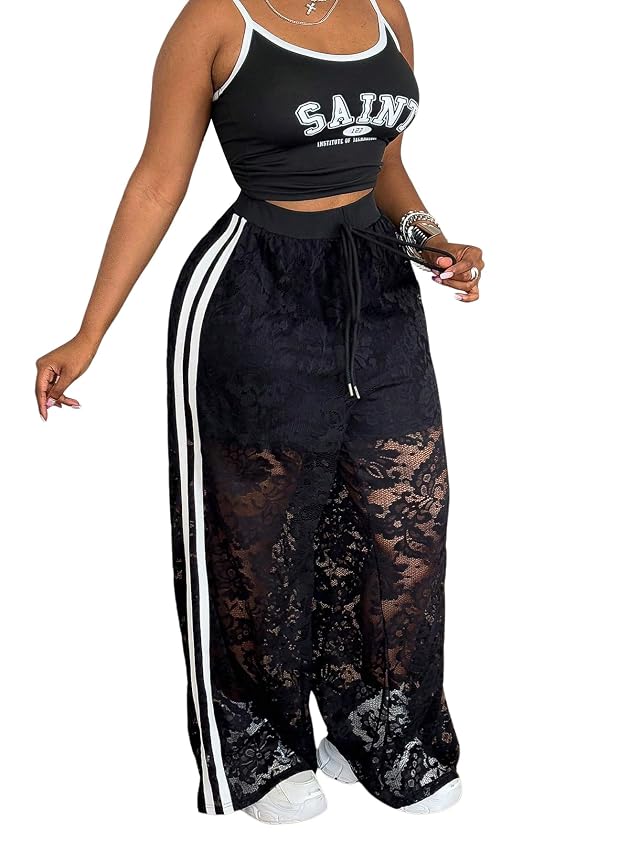 Womens Y2k Plus Size Lace Baggy Pants Side Striped Sheer Mesh Elastic Waist Wide Leg Track Pants