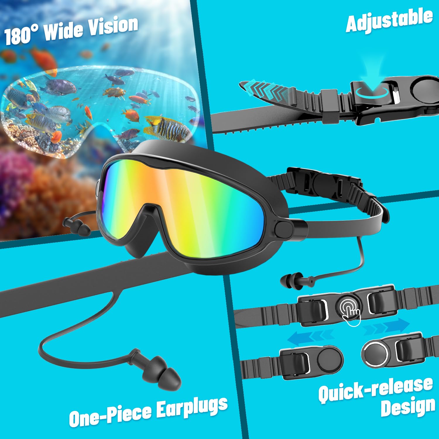 COOLOO Gafas de natación, paquete de 2 gafas de natación de visión amplia para hombres, mujeres y jóvenes | Sin fugas, antivaho, anti-UV, sin enganches de cabello, tapones para los oídos de una sola pieza, diseño ergonómico 3D