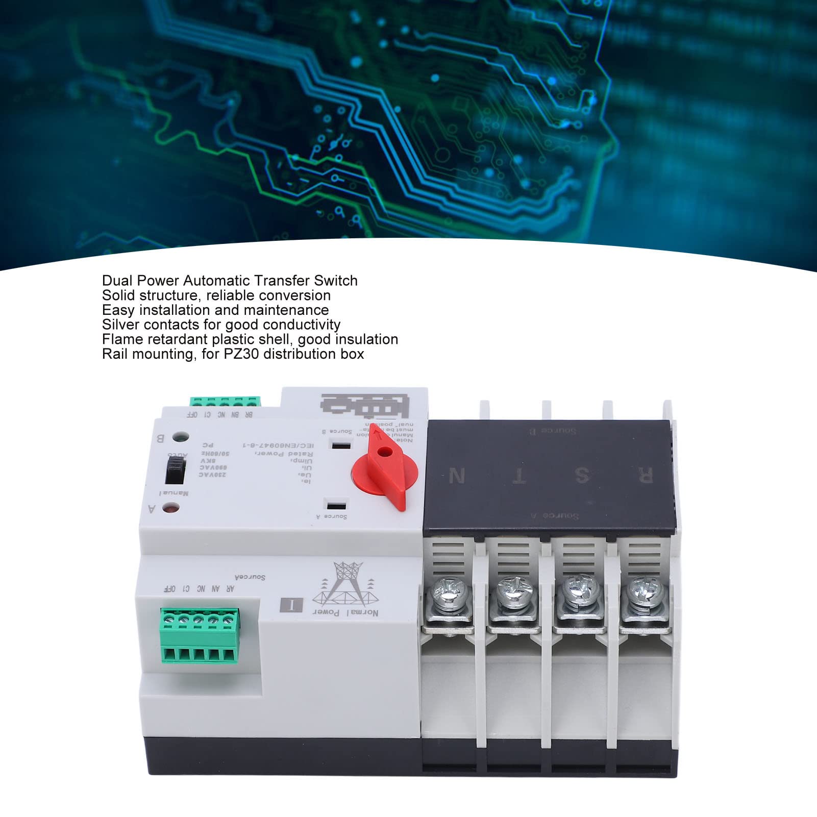 Dual Power Automatischer Transferschalter, AC 400V 4P 125A ATS PC Hutschiene Notstrom Netz Umschalter Lastumschalter Hutschiene Lastumschalter Kommunaler Strom Wechselrichter Solar Kommunaler Strom