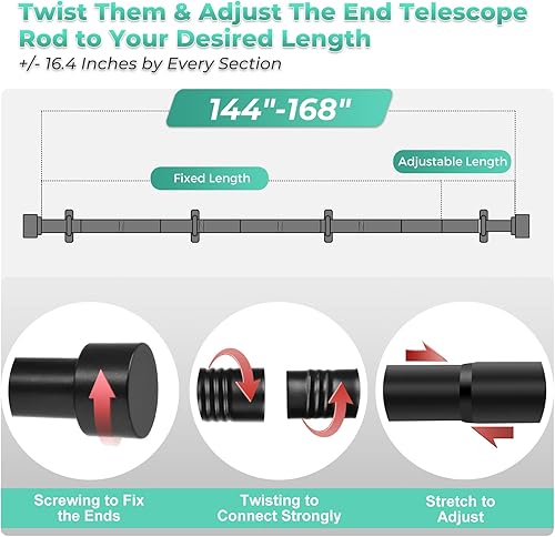 Miniatura 4 de Barras de cortina largas para ventanas de 32 a 168, barra de cortina industrial de 1 pulgada, barras de cortina rústicas negras para dormitorio,