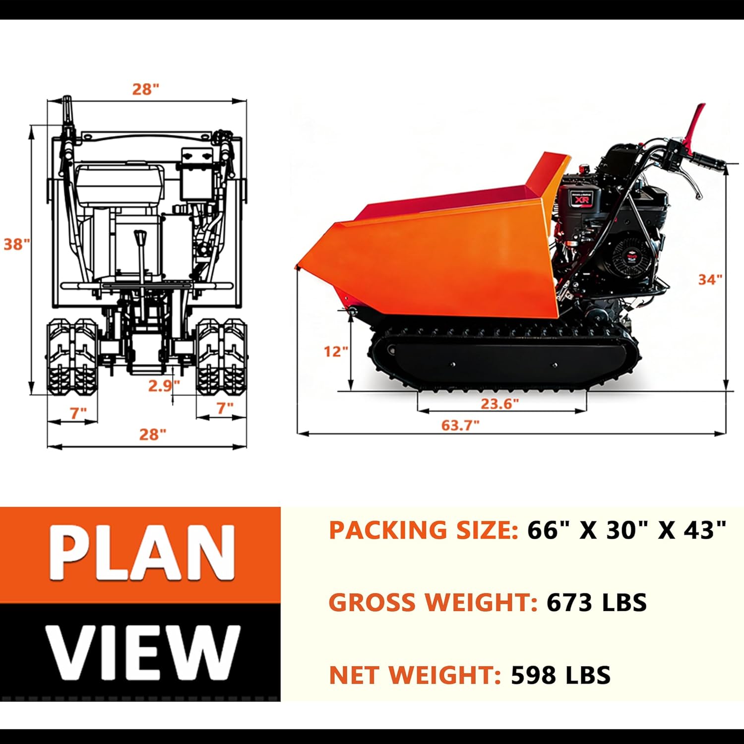 1100 lb Capacity Gas Powered Track Barrow with Hydraulic Assist 306cc 10HP Engine 3F+1R Transmission Heavy Duty Rubber Tracks Walk-Behind, Orange