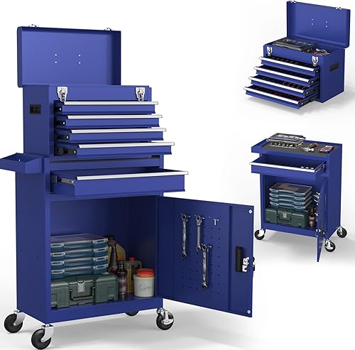 Cofre de herramientas de 5 cajones, caja de herramientas rodante 2 en 1 con ruedas y cajones, caja de herramientas de almacenamiento desmontable con