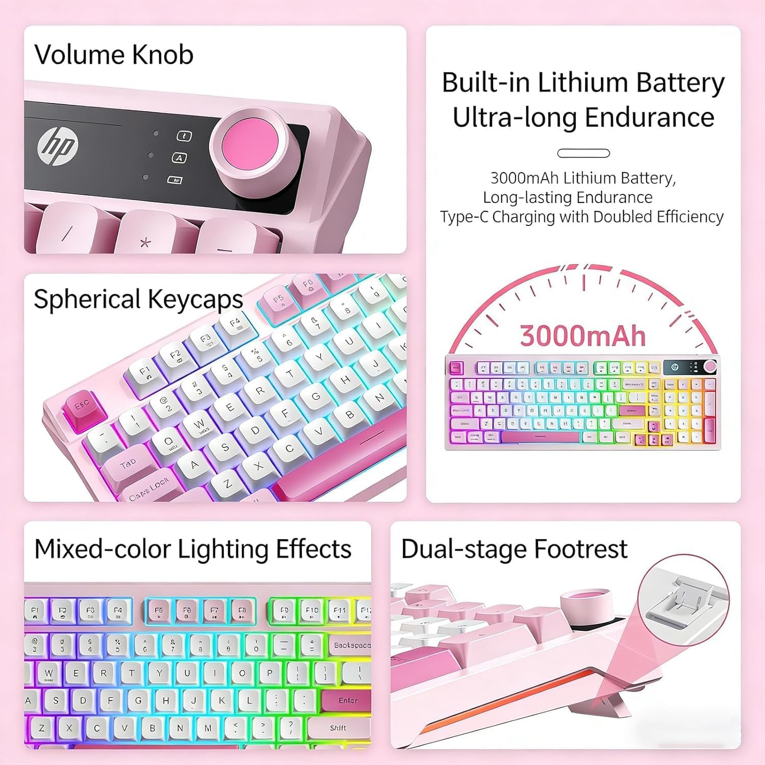HP K500F Wireless Keyboard, Tri-Mode Bluetooth 5.0/2.4GHz/USB-C Wired, RGB Backlit Cute Gaming Keyboard with Volume Knob, 3000mAh Rechargeable Membrane Keyboard for PC Windows, Pink