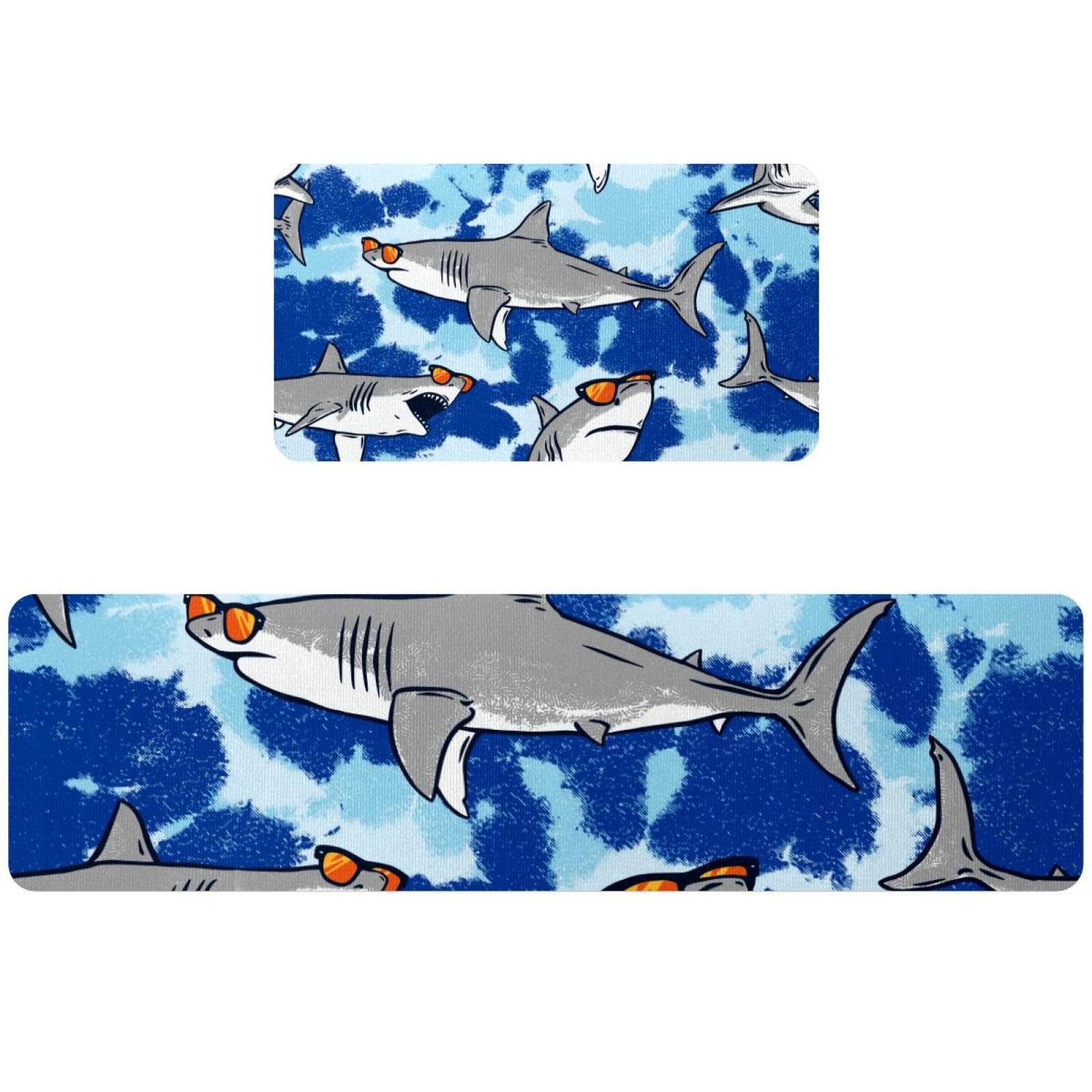 Alfombrillas de cocina absorbentes de diseño tie-dye azul con tiburones, pack de 2 tapetes