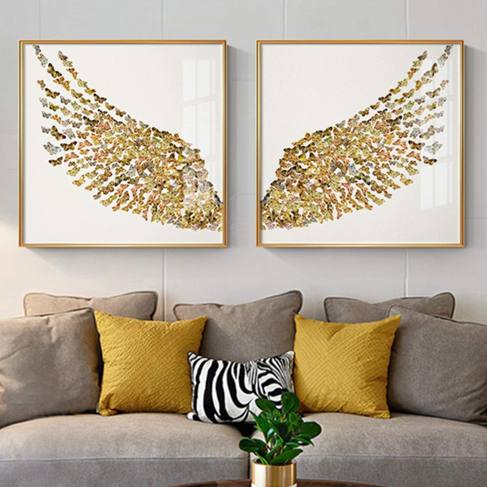 Arte de la pared grande para decoración del hogar, set de dos lonas de mariposas doradas 8