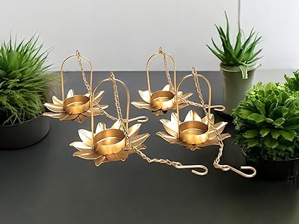 Blissful Decor Decorative Iron Hanging Lotus Small Tealight Candle Holder with Chain Wall Hanging Tealight Candle Holders Metal - Diwali Decorations Items Diwali decoratin diyas Pack of- 4