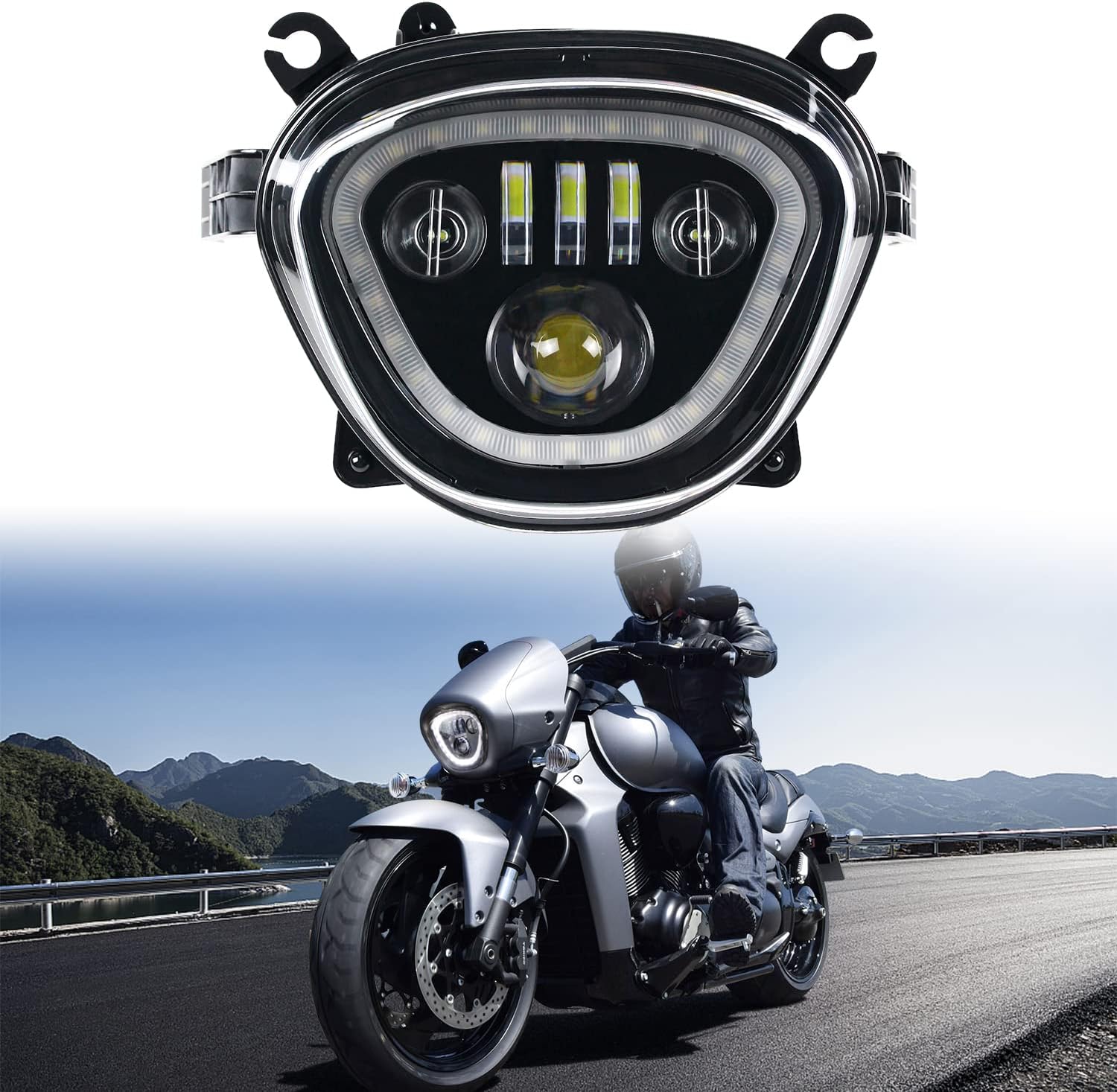LED Headlight for M109R,Clear Lens LED Head lamp Assembly with Halo DRL High/Low Beam Compatible with SUZUKI Boulevard M109R / M90