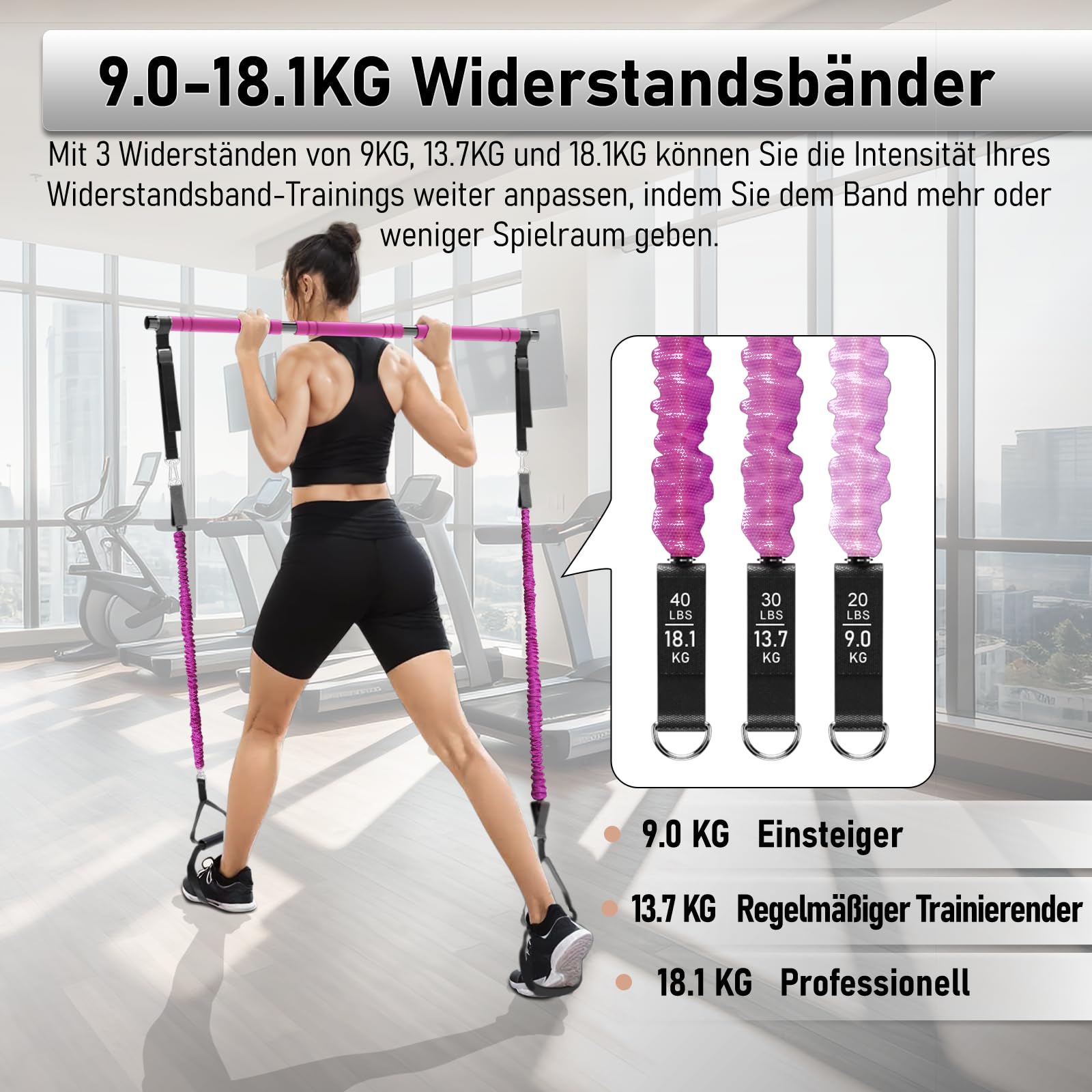 Pilates Bar Set mit 6 Widerstandsbänder, Fitnessbänder Pilates Stangen Set mit AB Rolle, 20/30/40lbs Resistance Bands, Griffe, Türanker für Krafttraining und Körperstraffung (Rosa)