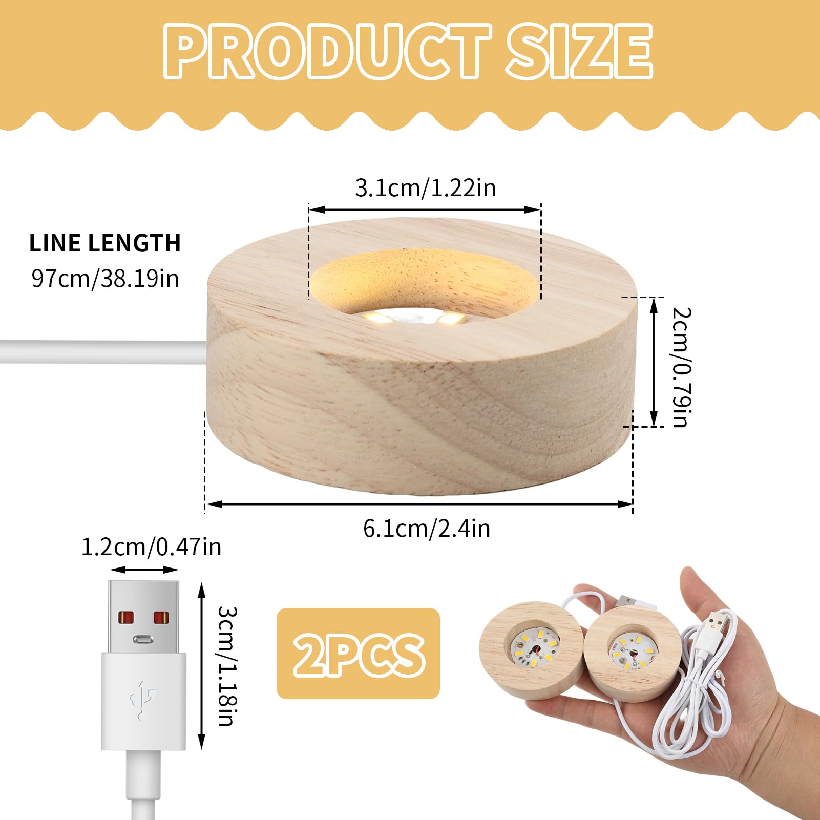 2 x Base luminosa a LED in legno, base luminosa a LED, rotonda, in legno, con USB, base di luce a LED per cristallo, vetro e resina, mini espositore luminoso per decorazione