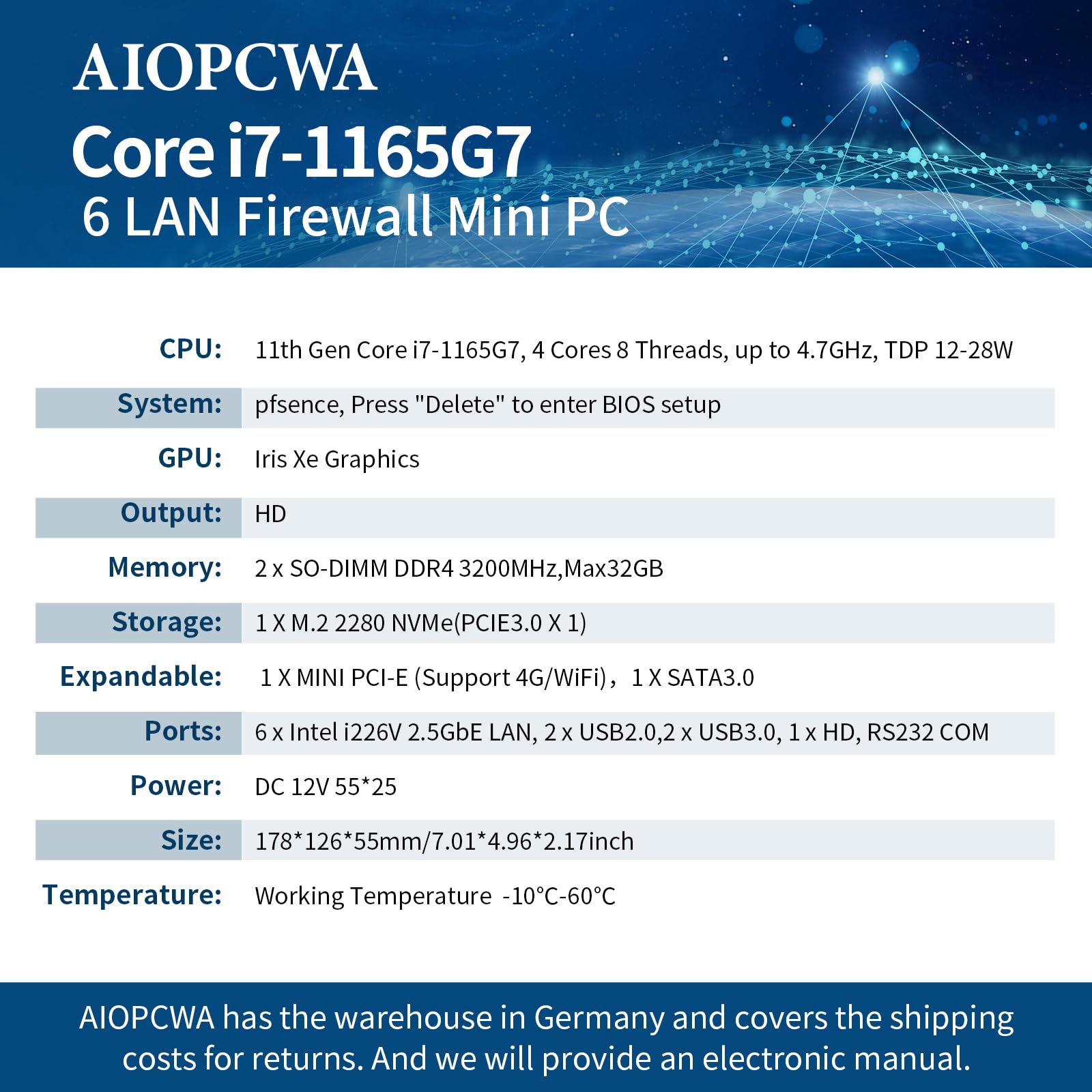 Firewall Mini PC i7-1165G7, 6 x 2.5GbE LAN Firewall Appliance, Fanless Micro PC RS232 COM, OPNsense Router Hardware, AES-NI, HD(4K@60HZ), SATA3.0, DDR4 Barebone NO RAM/SSD/OS