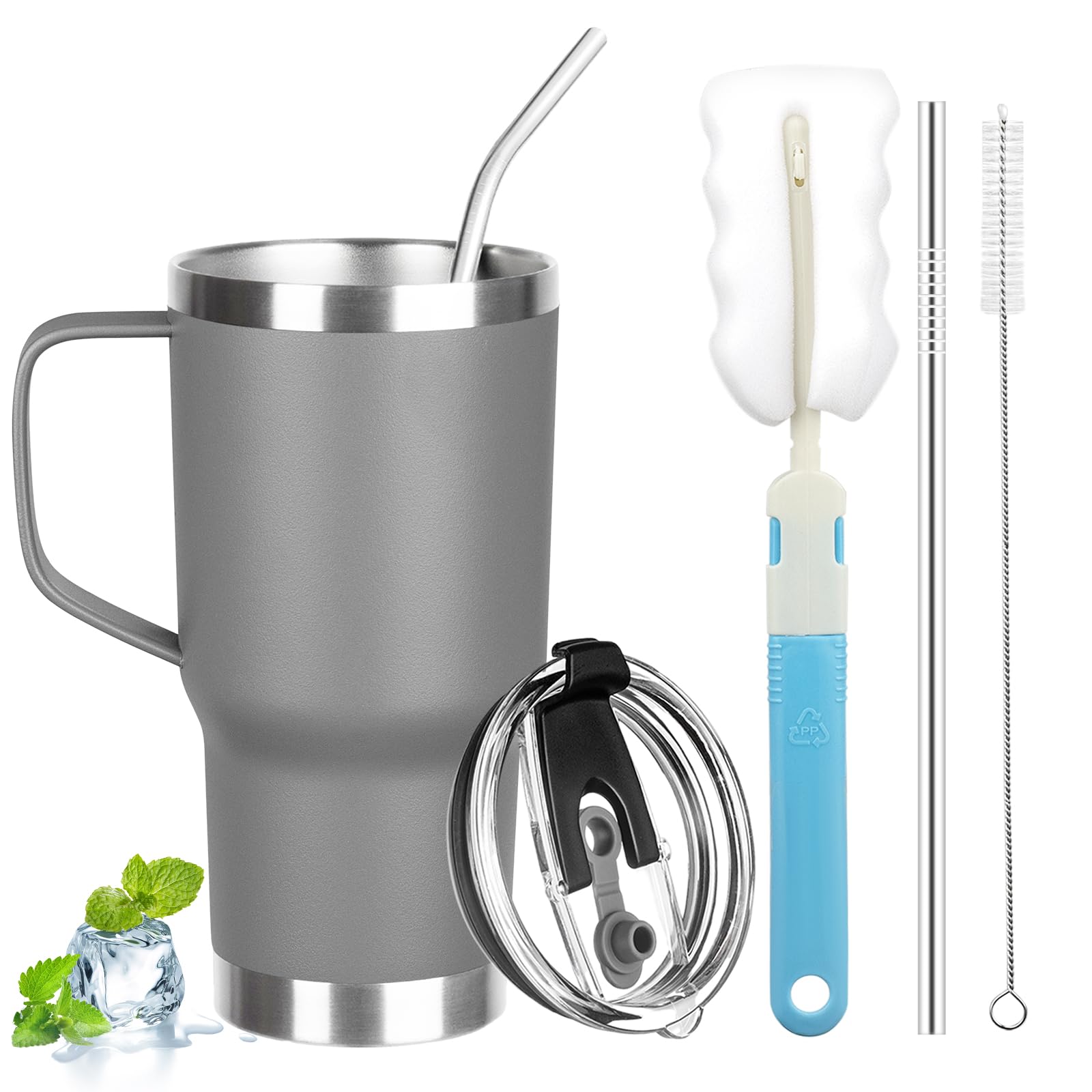 20 oz Tumbler with Handle, Stainless Steel Insulated Tumbler with Lid and Straw, Double Wall Vacuum Coffee Mug Tumbler, Insulated Coffee Thermal Cup for Cold and Hot (Grey, 20 Ounces)