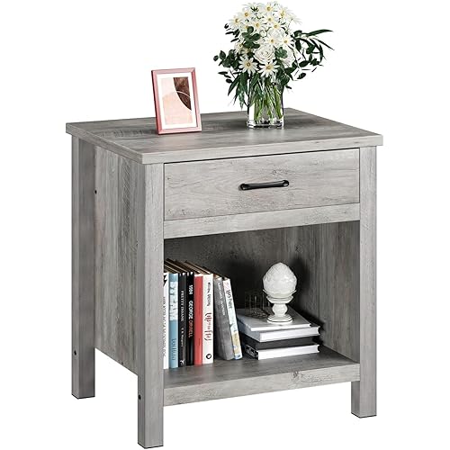 IDEALHOUSE Farmhouse Square Nightstand, Bedside Table with Drawer, End Table Side Table Accent Table for Bedroom Living Room (Grey)