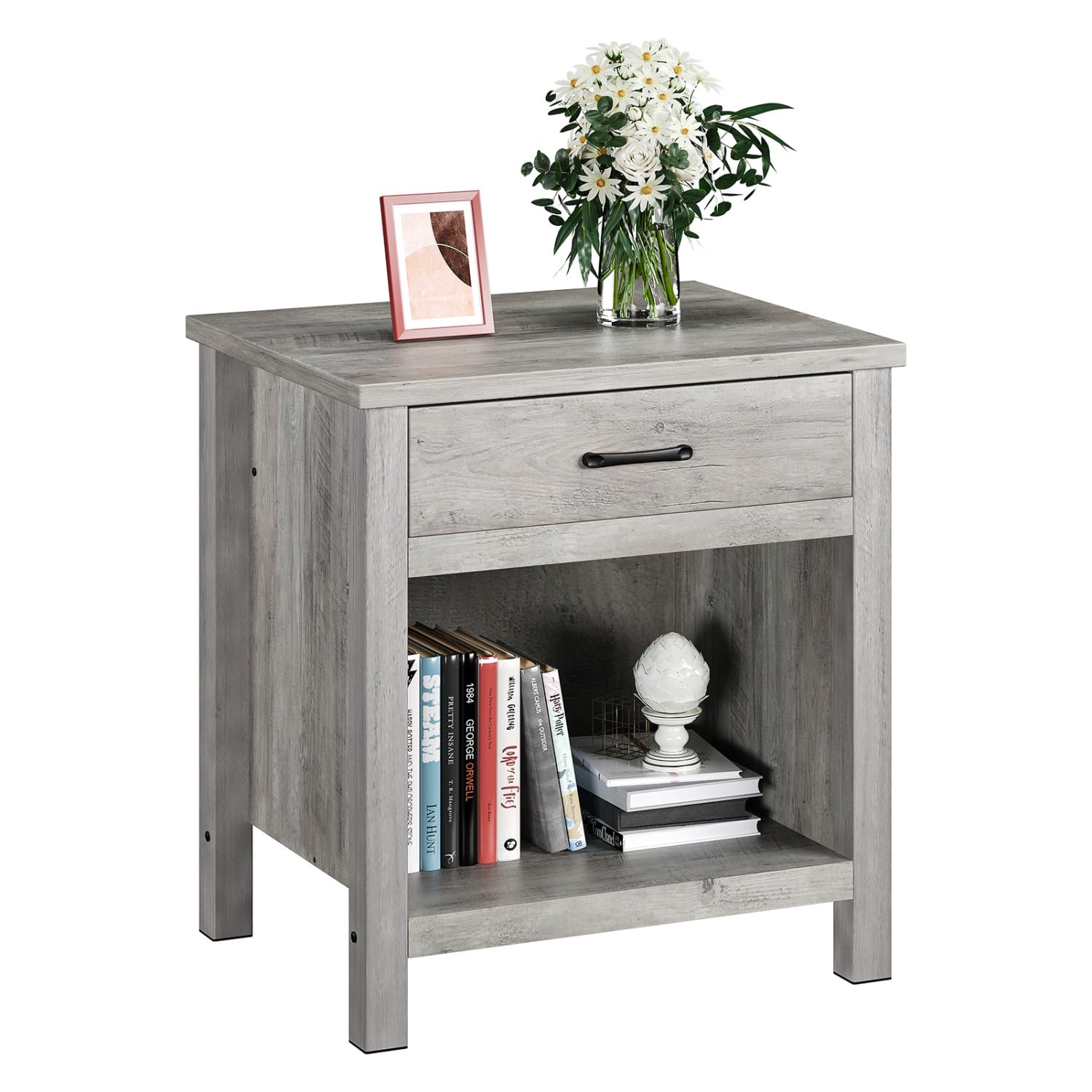 IDEALHOUSE Farmhouse Square Nightstand, Bedside Table with Drawer, End Table Side Table Accent Table for Bedroom Living Room (Grey)