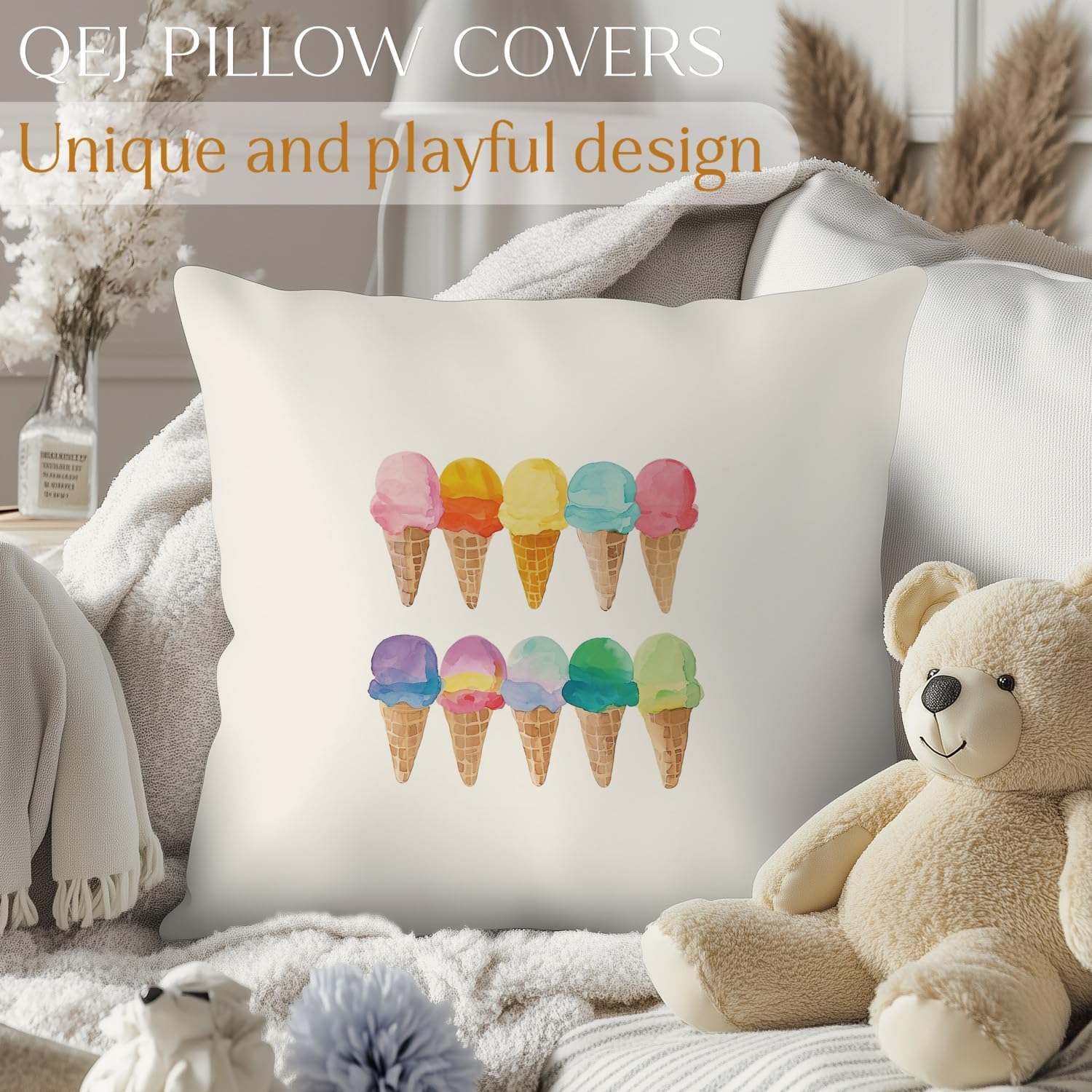 Summer Ice-Cream Pillow Cover 18x18, ice Cream Lovers Gifts, Watercolor Colorful Ice Creams Decorative Throw Pillow Cover for Home Bedroom Living Room image 5