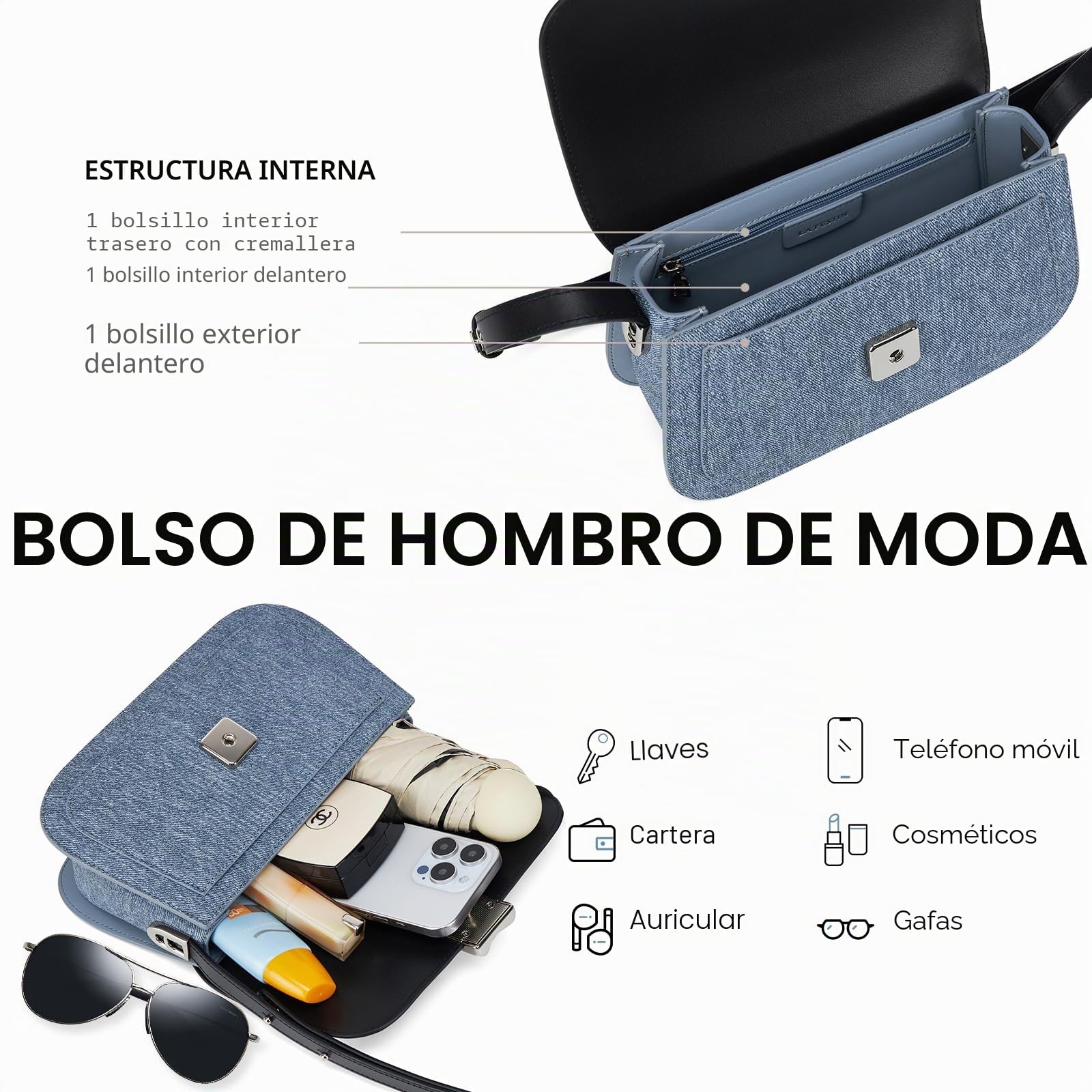 LA FESTIN Bolso de hombro de cuero para mujer, bolso cruzado con correa ajustable para mujer, bolsos de diseñador