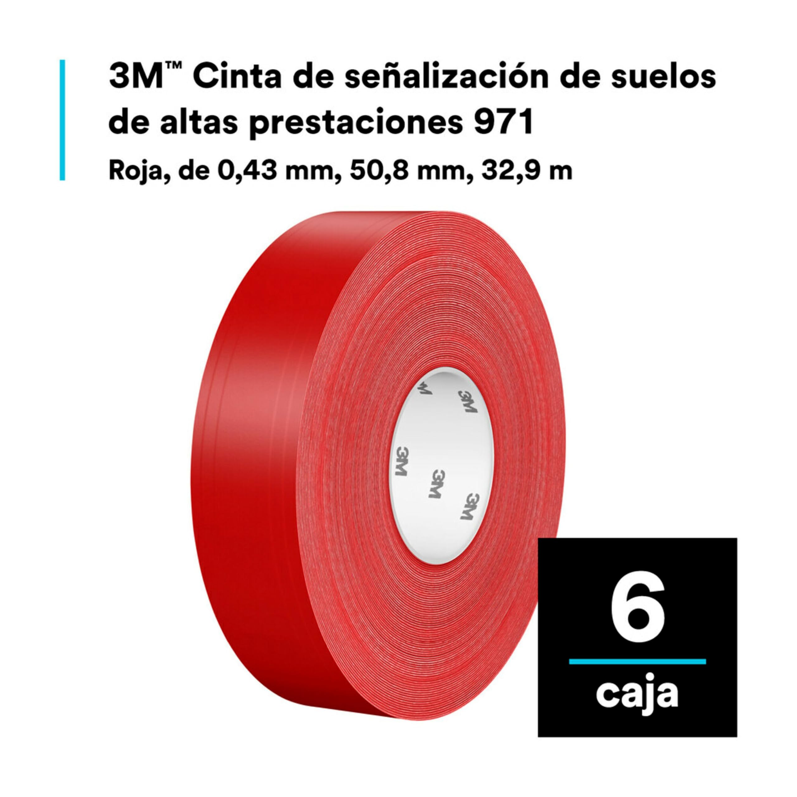 3M Cinta Duradera para Marcar Pisos 971, Rojo, 50.8 mm x 33 m, 0.43 mm, envueltas individualmente y convenientemente empaquetadas