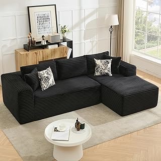 108" Boneless Couch for Living Room, Modern Modular Sofa with 4 Pillows, L-Shaped Sofa Cloud Sectional Couch with Deep Seat, Comfy Plush Corduroy, No Assembly Required (Black)