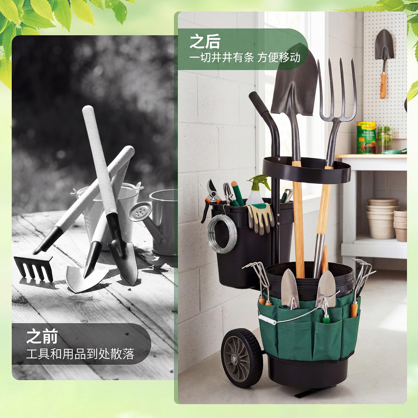 COSTWAY Carro de Jardín para Herramientas, Carrito de Transporte de Jardinería con 2 Cubos Desmontables, Bolsas de Tela Oxford, Estructura de Metal, Carretilla de Utensilios para Exterior