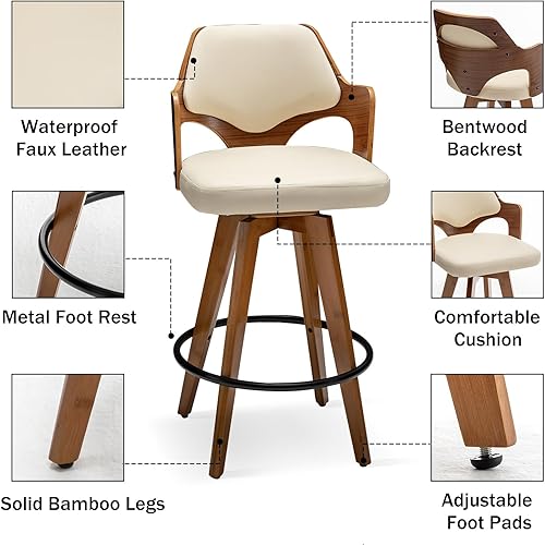 Miniatura 10 de MEKLIBA Juego de 2 taburetes de bar giratorios de altura de mostrador, silla de bar tapizada con patas y brazos de madera, taburetes de mostrador de