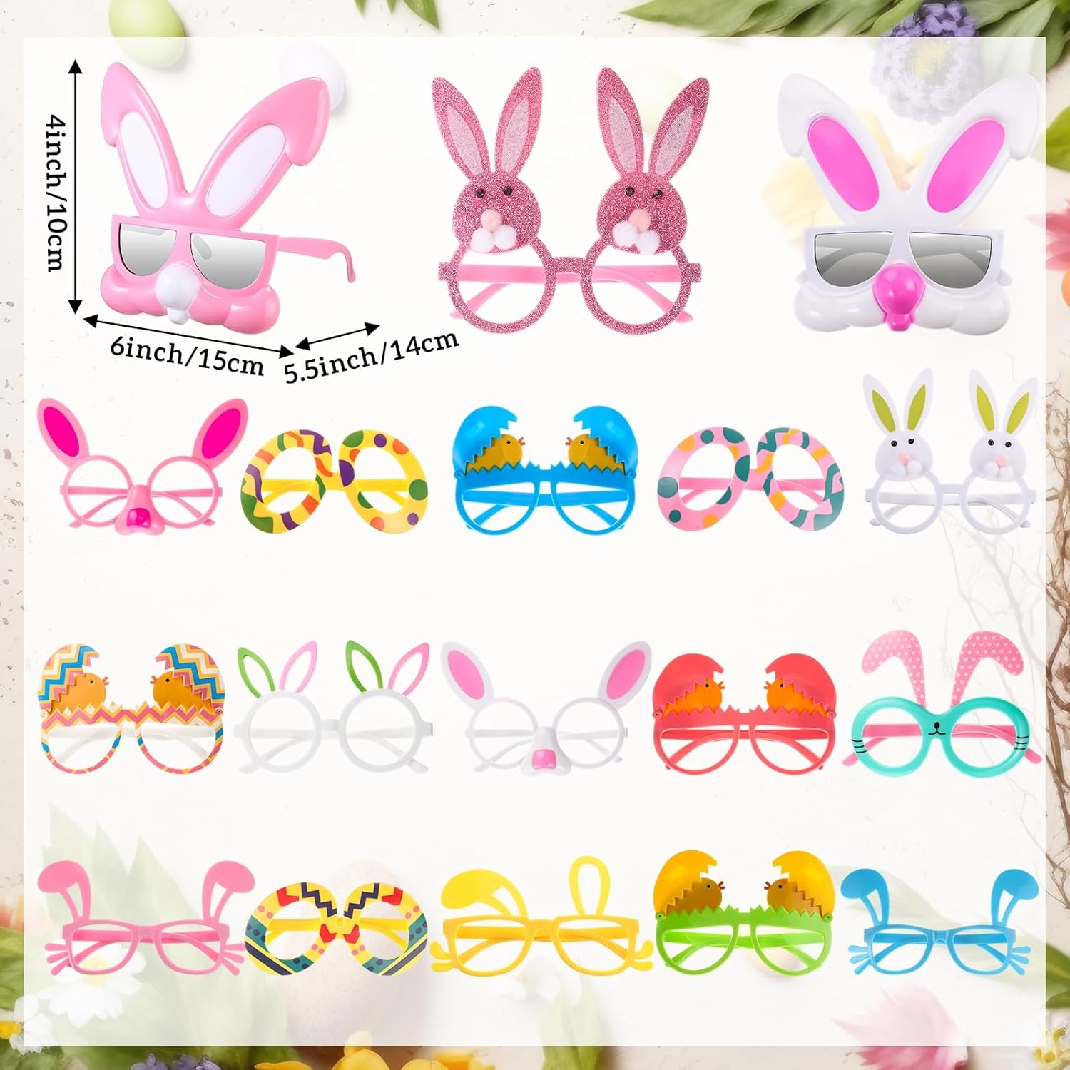 Simgoing 18 Pairs Plastic Easter Glasses for Boys Girls Adult Bunny Chick Funny Eyeglasses for Frame Easter Party Favors Supplies Gift Basket Stuffers