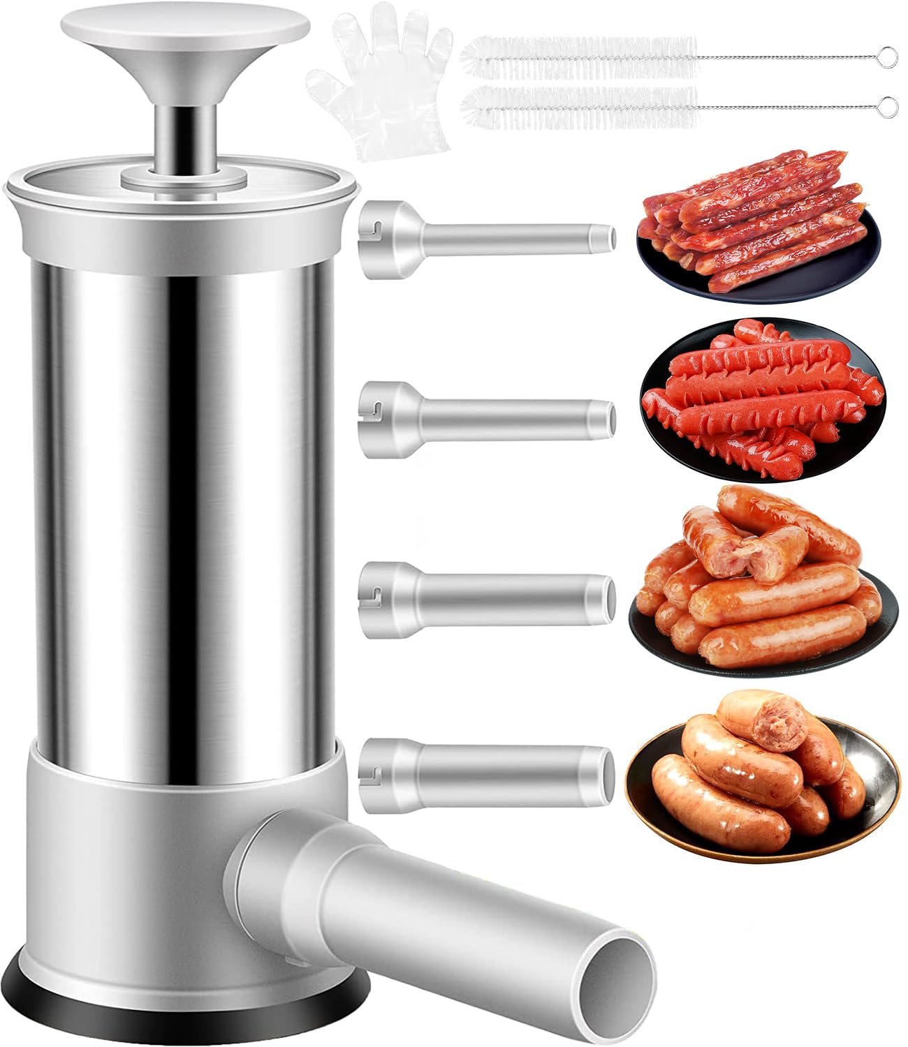 Manual Sausage Stuffer Machine with 4 Stuffing Tubes, 2.2 LBS Vertical Sausage Maker Kit, Food-Grade Stainless Steel Meat Stuffer for Homemade