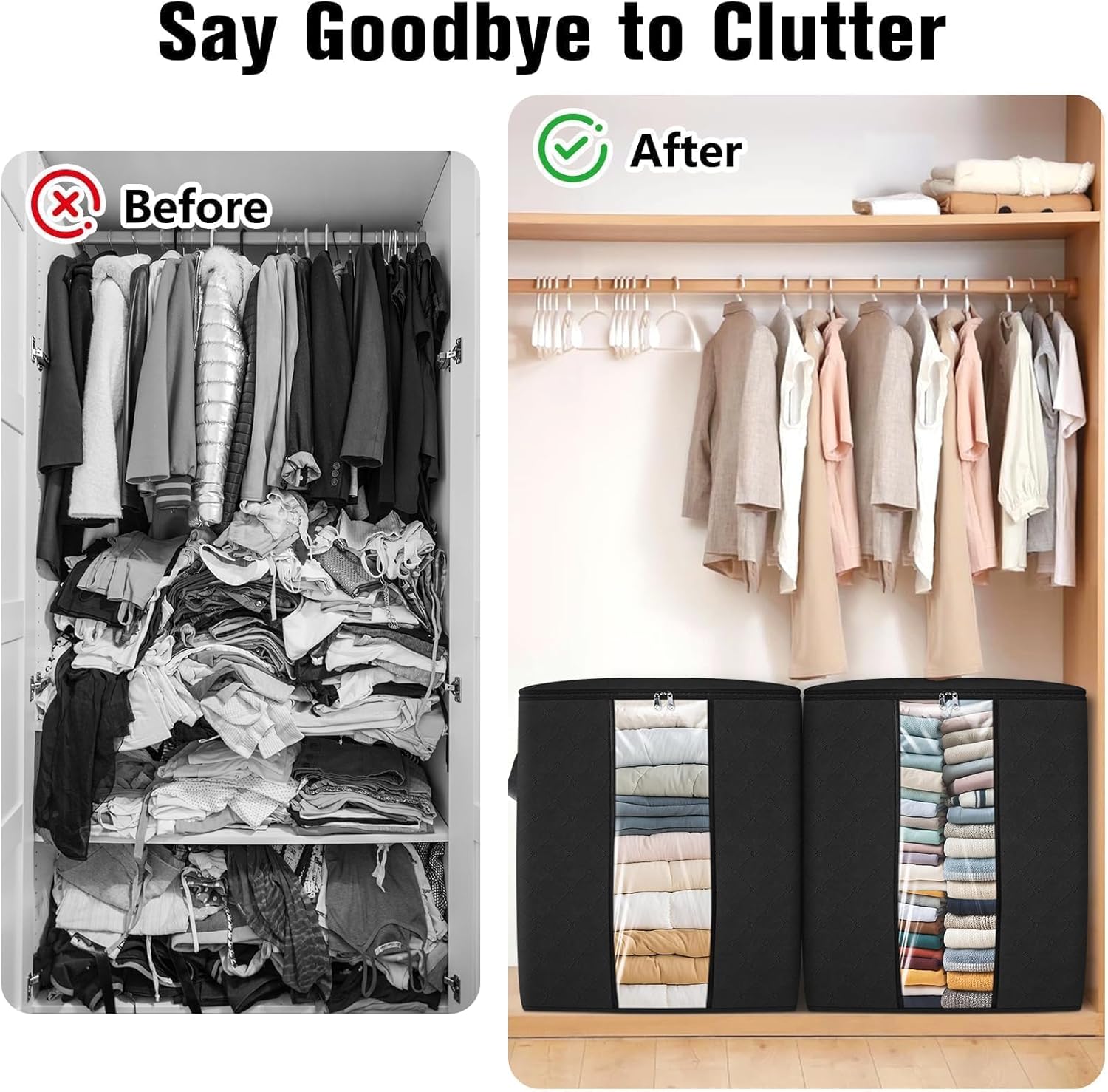 Clothes Storage Bags, 10-Pack Comforter Blanket Organizers, 80L Large Capacity Containers with Visual Window for Clothing, Quilt, Sheet, Pillow, Closet Organization for Bedding (Black)