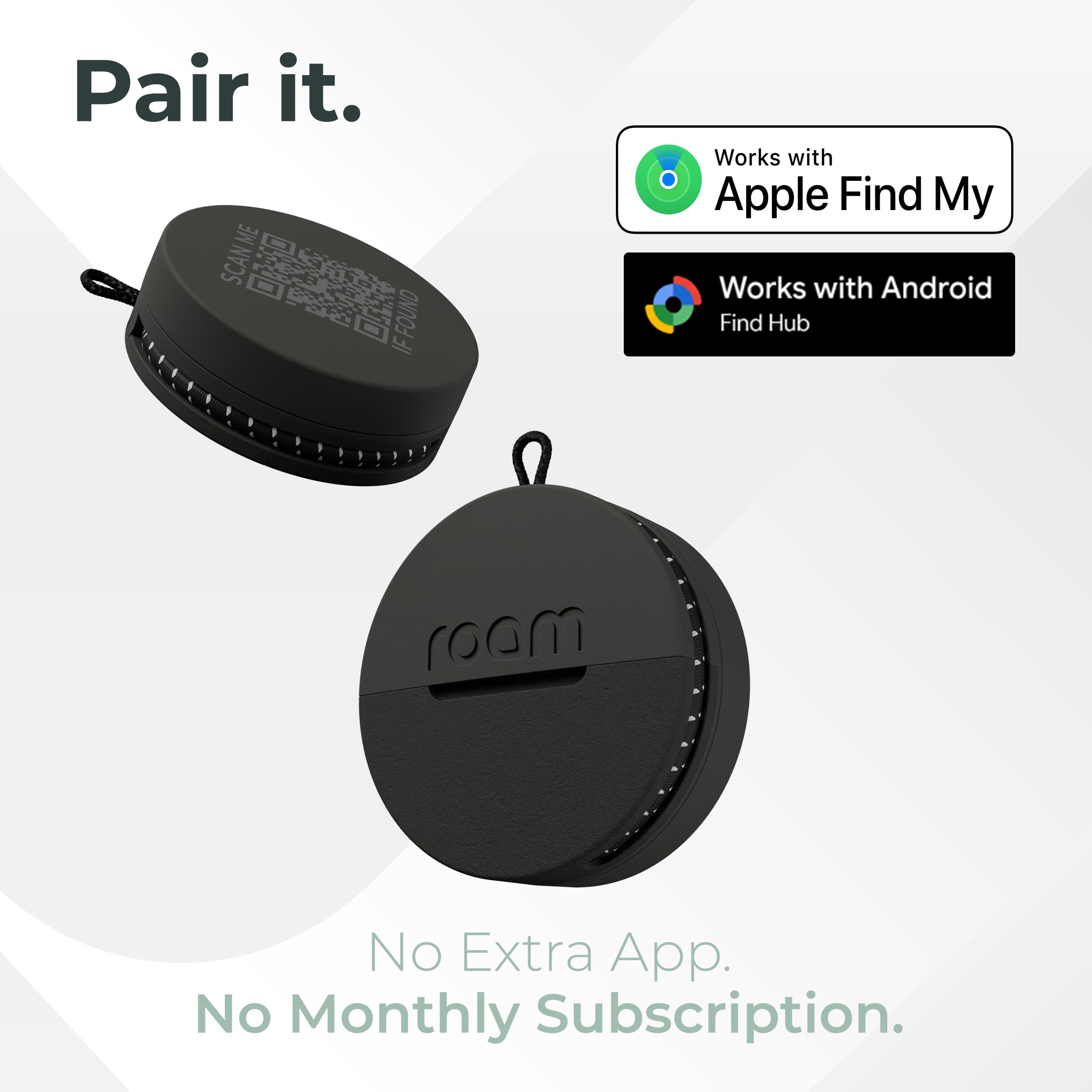 Roam Smart Tracker, Works with Android and iPhone, Track your keys, bags, bikes, and more, Replaceable 1-year battery, Water and dust resistant, Built-in strap and key cord (Black, Single) — view 4