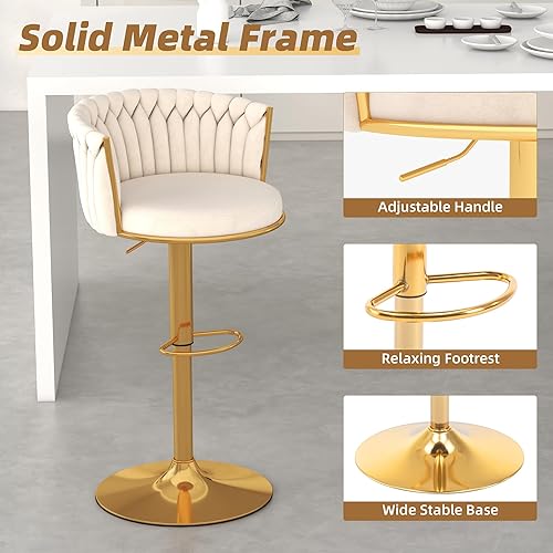 Miniatura 6 de Gold - Juego de 2 taburetes de bar ajustables, sillas de bar giratorias de terciopelo con respaldo tejido, reposapiés y base de metal, taburetes
