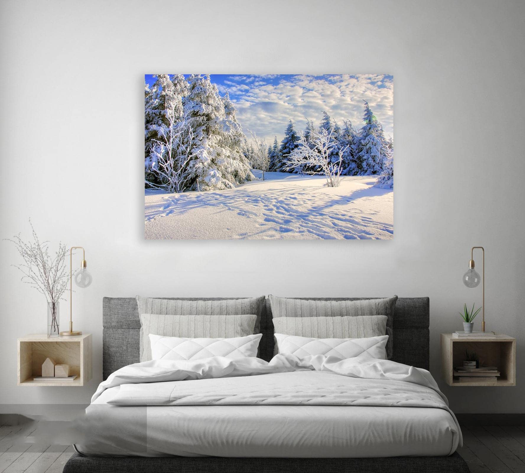 mroźna farba do drzew zimowych; Oprawione. Plakaty i nadruki krajobrazowe na zimie. Naturalne obrazy ścienne z płótna krajobrazu. Dekoracja domu 80x128cm (31,4x50,4in) Oprawiona