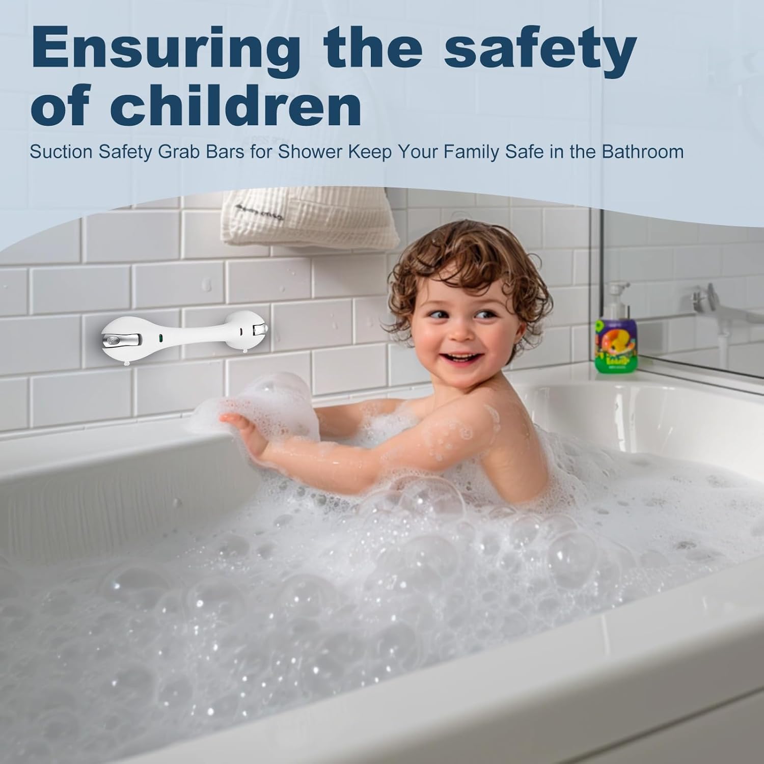 Shower Grab Bar 2 PCS Suction Grab Bars for Bathtubs and Showers, Shower Handle Removable Shower Handrails for Kids, Bathroom Safety Grip Waterproof(Silver)