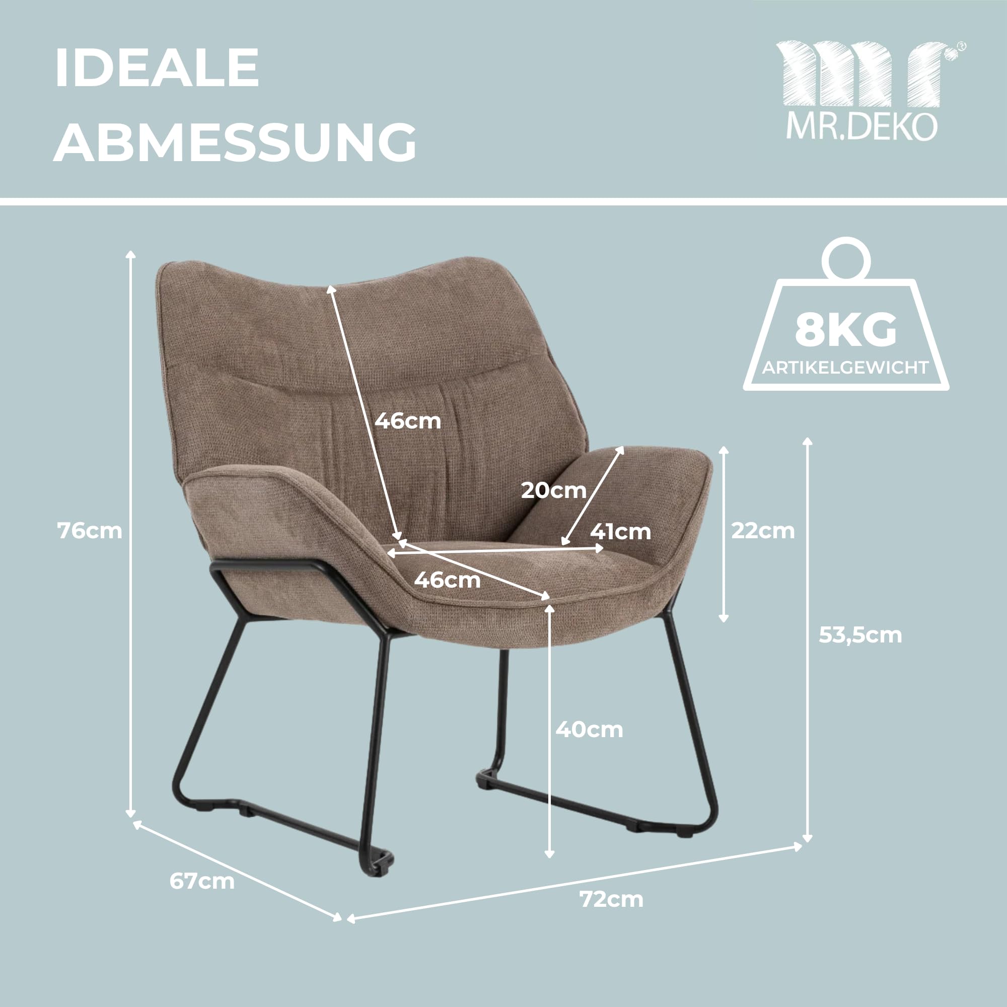 MR. DEKO® Loungesessel Aliano Braun I Bequemer Polstersessel aus Stoff I Moderner Wohnzimmer Sessel mit Armlehnen I HxBxT 76x73,5x67 cm
