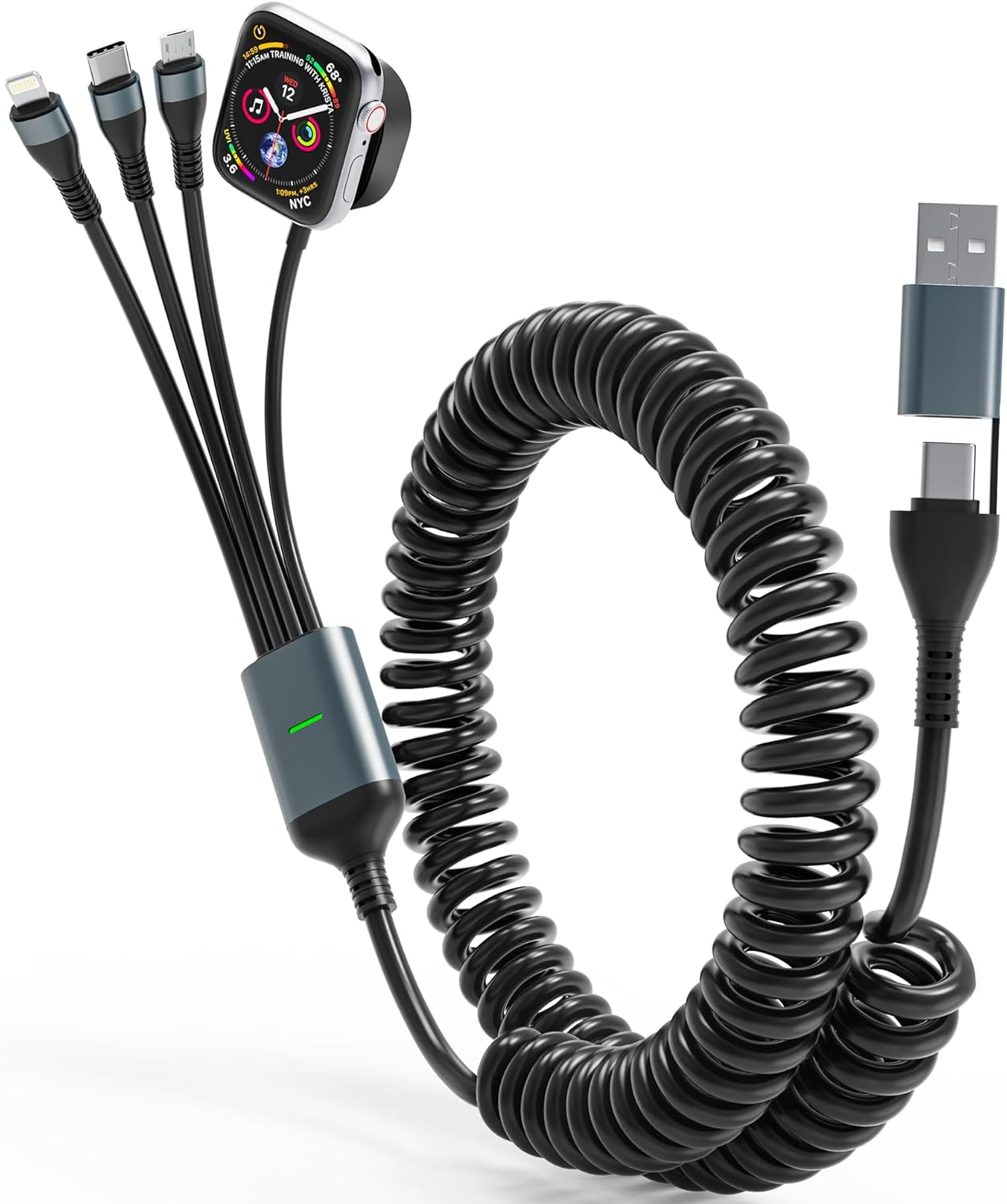 Retractable Charging Cable for Apple Watch - 4 in 1 100W Coiled Multi Fast Charger Cord with USB-C, Lightning, Micro-USB & Apple Watch Charger, 6FT