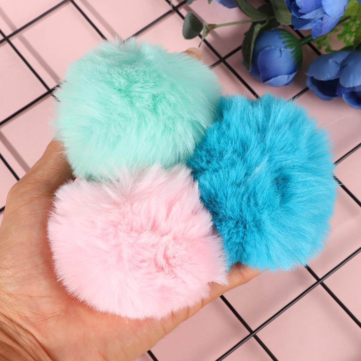 VINTORKY 30pcs Colorful Plush Fur Balls for DIY Hat Clothes Decoration Soft Imitation Rabbit Hair Pom Poms with Light Pink Dark Blue and Light Green for Sewing Crafts and Accessories