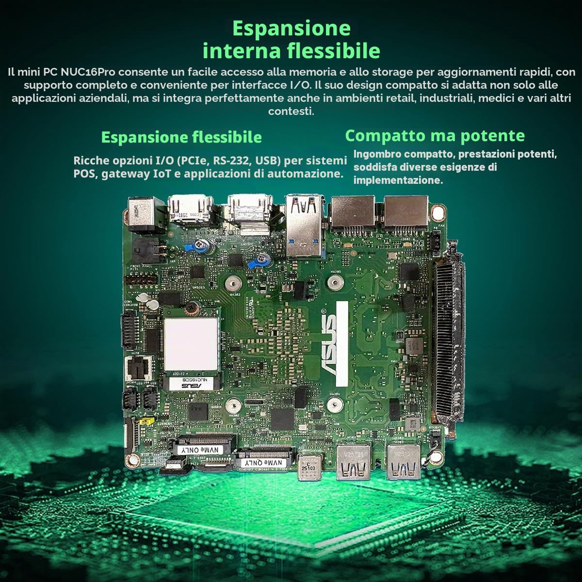 NUC 16 Pro Mini PC: Intel Core Ultra 5 325, Intel Arc Graphics, Dual M.2 PCIe SSD, Quad 4K, Dual 2.5G LAN, Wi-Fi 7, nero, per aziende e creazione di contenuti (Barebone System)