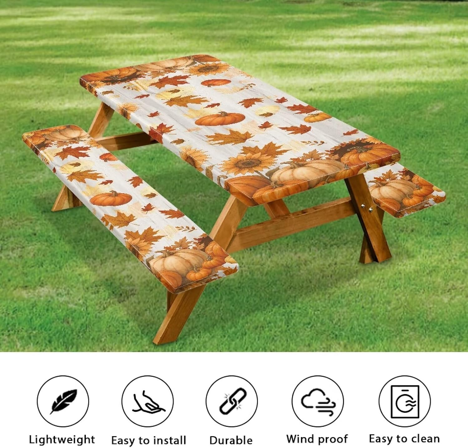 Fall Picnic Table and Bench Fitted Cover 3 Pieces Outdoor Camping Essentials, Pumpkins Sunflowers Maple Leaves Tablecloth for Outdoor BBQ Holiday Party