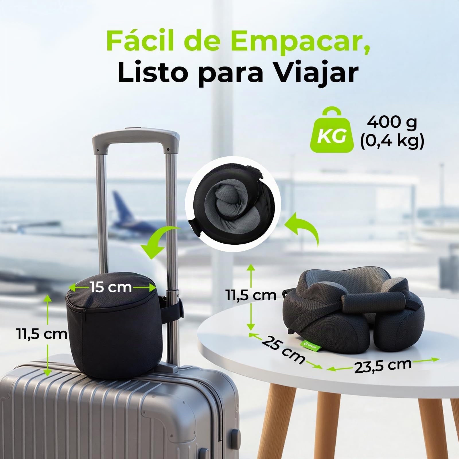 AUVON Almohada de Viaje Cuello con Soporte de Barbilla y Correas para Asiento de Avión, Estabiliza la Cabeza para Dormir Cómodamente, Cojín Cuello Viaje de Espuma Viscoelástica Transpirable