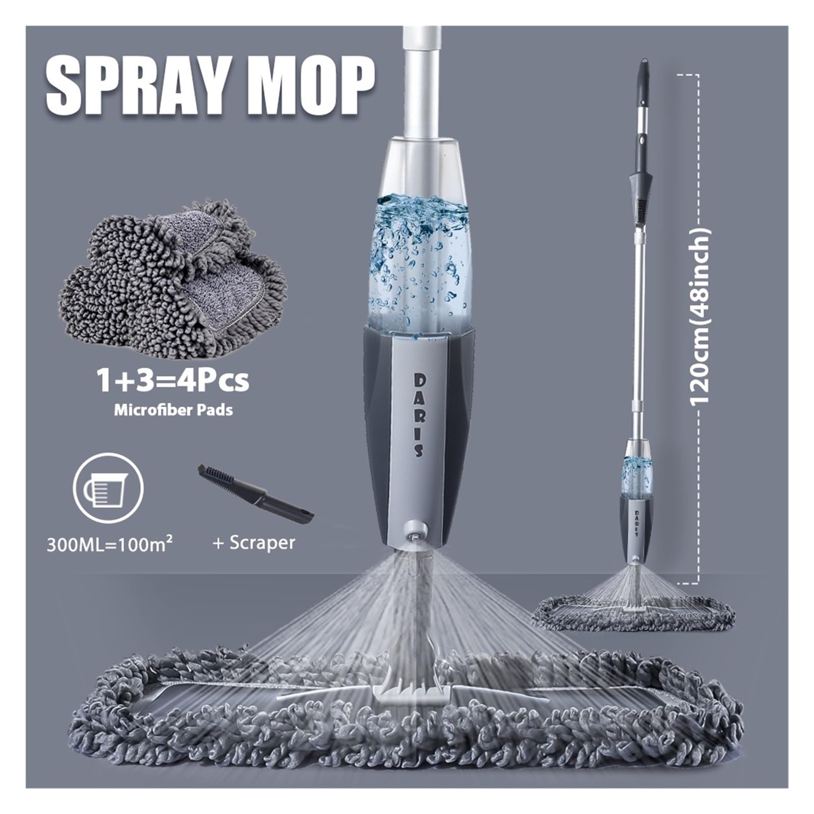 Trapeador mágico en aerosol for pisos de madera con almohadillas de microfibra reutilizables, mango de 360 ​​grados, for ventanas del hogar, cocina, fregona, barredora, escoba, herramientas de limpiez