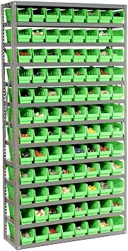 Global Industrial 13 Shelf Steel Shelving with 96 4" H Plastic Shelf Bins, Green, 36x12x72
