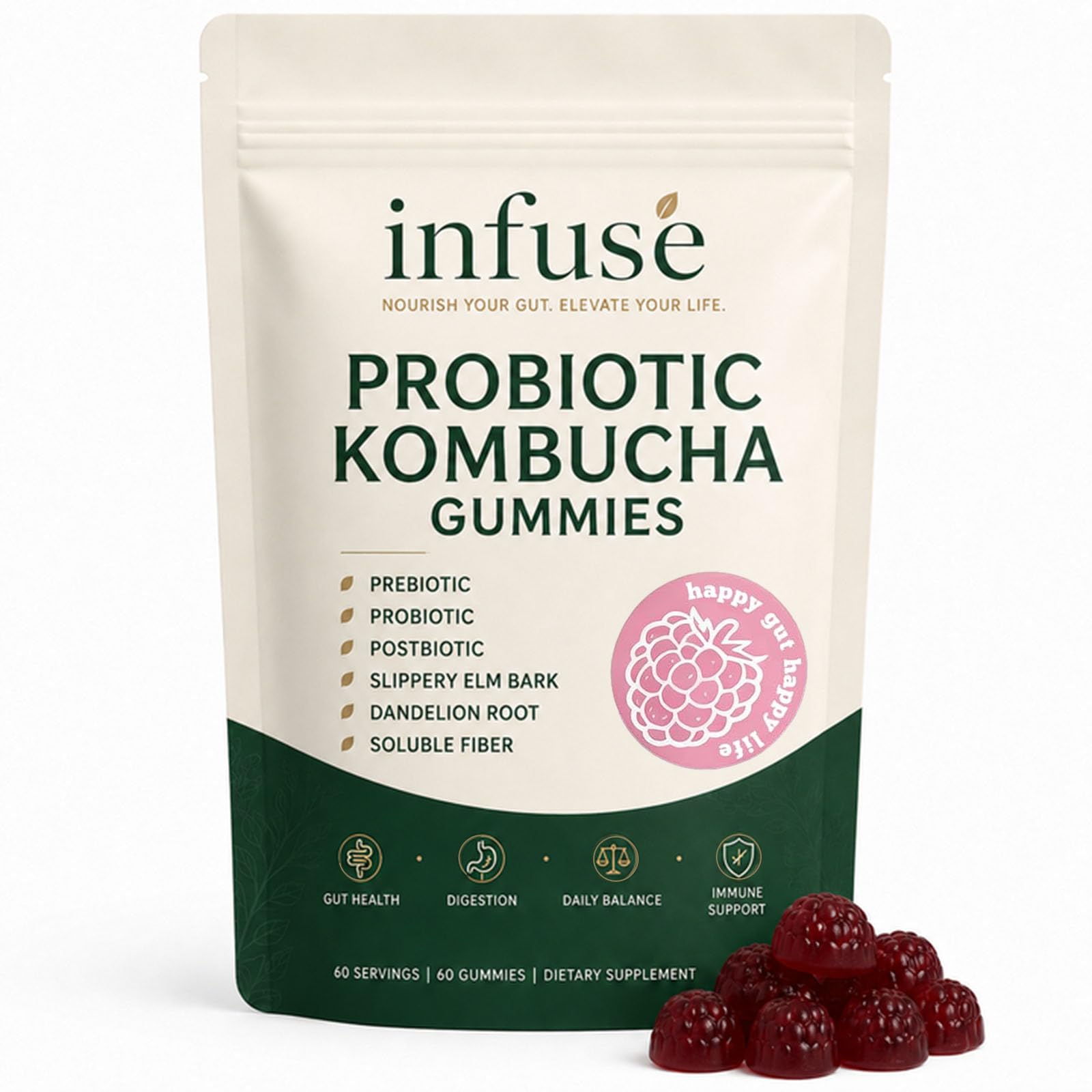 Infuse Probiotic Kombucha Gummies, Prebiotics, Probiotics, Postbiotics