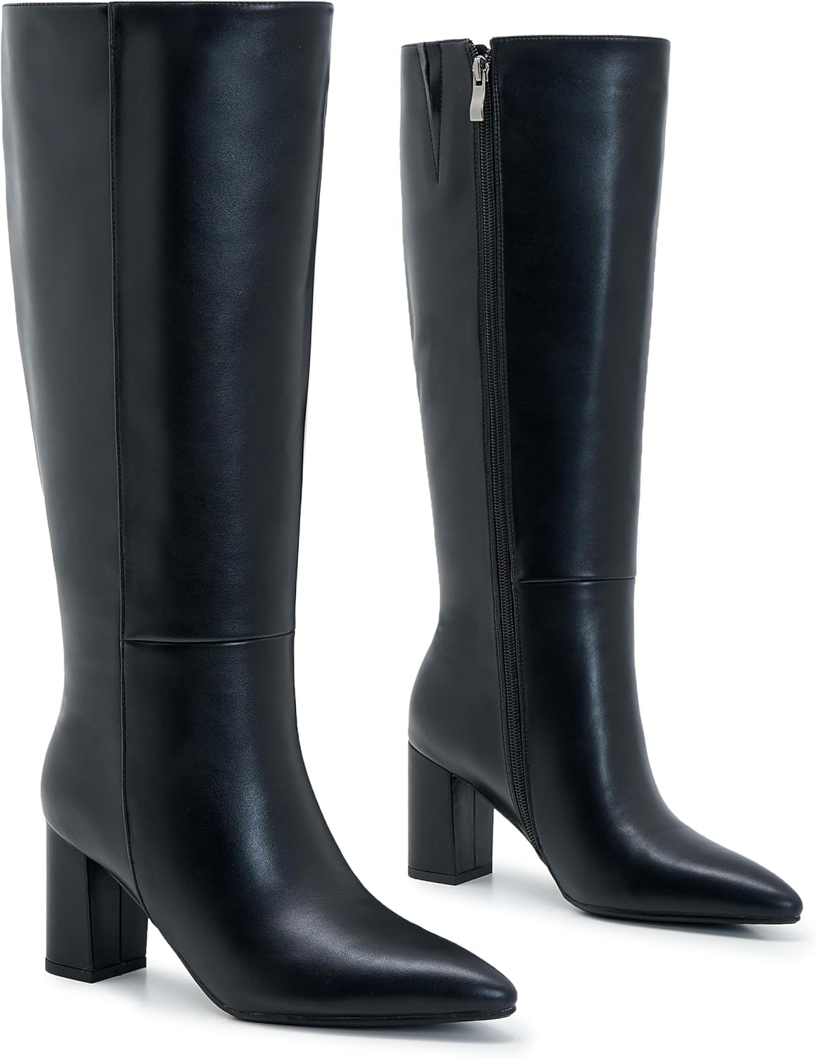 Wide Calf Knee High Boots For Women Plus Size Side Zipper Leather Chunky Heel Boots Heeled Pointed Toe Tall