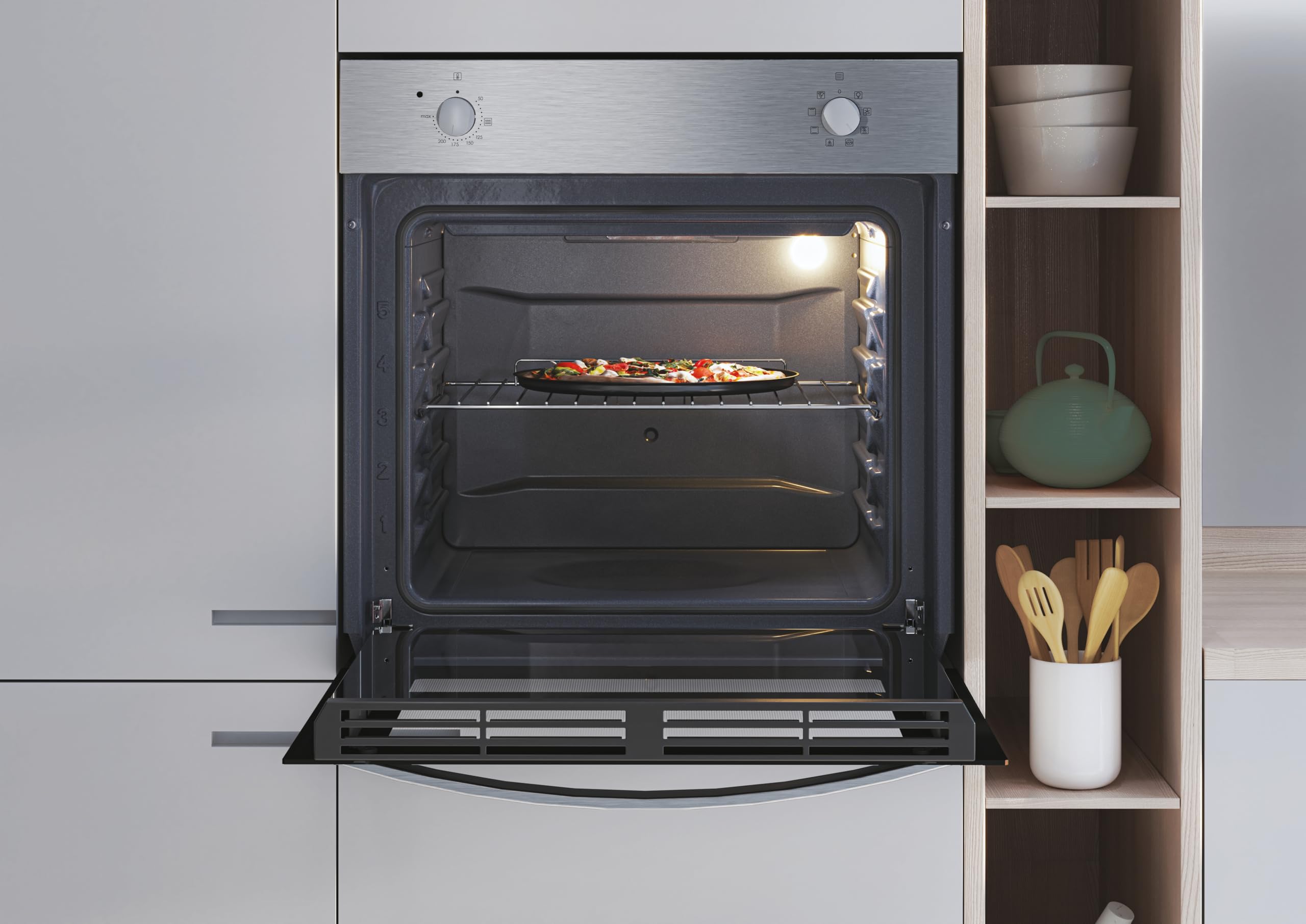 Candy Idea FIDC X100, Horno Eléctrico, 70L, 1 Bandeja y 1 Rejilla, Limpieza Aquactiva, 4 Funciones, 2 Mandos Mecánicos, Puerta Doble Cristal, Inox y Negro