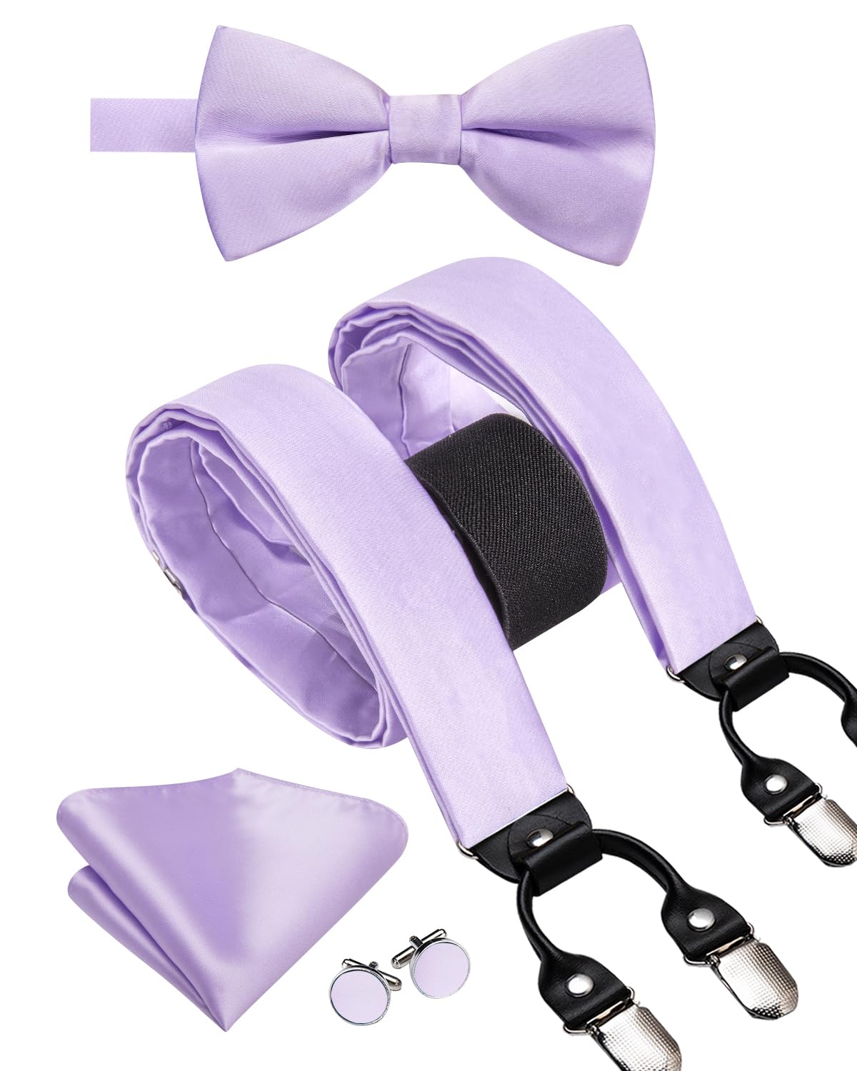 Hi-Tie Men Suspender Bowtie Set Suspenders Pre-tied Bow Tie Pocket Square Cufflinks Adjustable Y Shape 6 Clips Braces Tuxedo