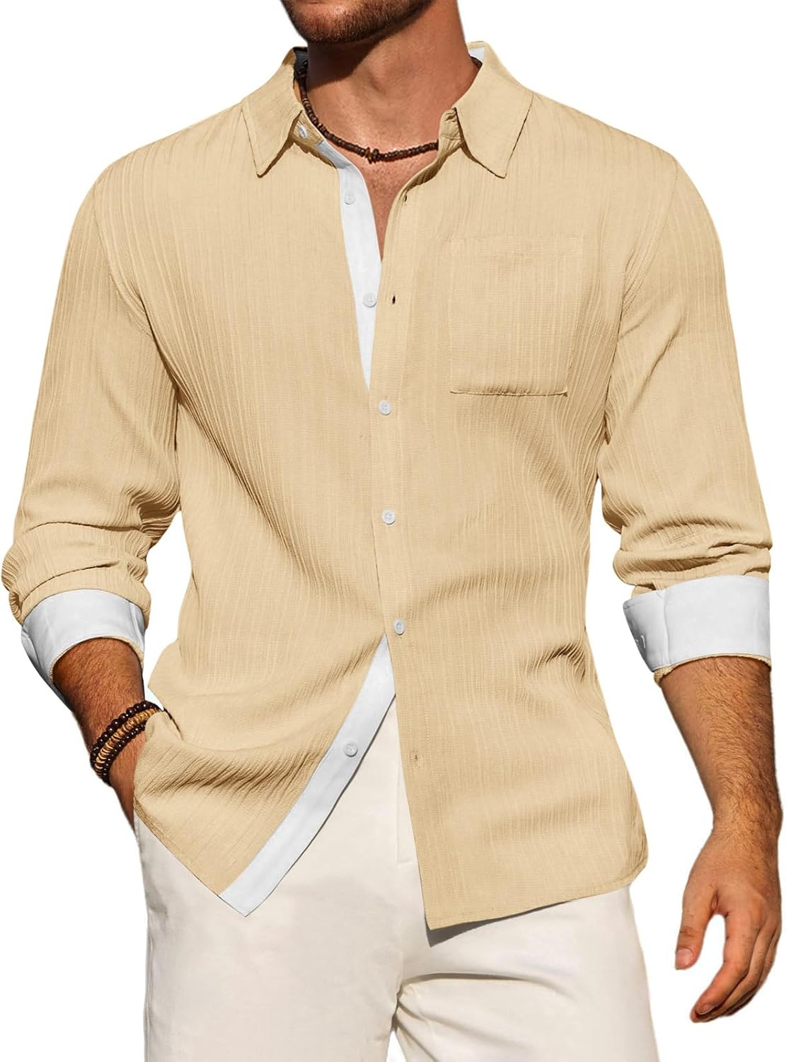 Yousify Mens Button Down Shirts Long Sleeve Casual Textured Dress Shirt Wrinkle-Free Beach Tops with Pocket