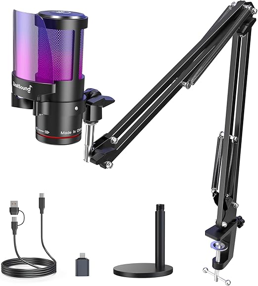 ZealSound Gaming Microphone for PC, Noise Cancellation Podcast Mic with Mute, RGB Lighting, Gain, Monitoring, Boom Arm, Pop Filter for iPhone, Mac, Streaming, TikTok, YouTube, Discord, Gamer, Youtuber