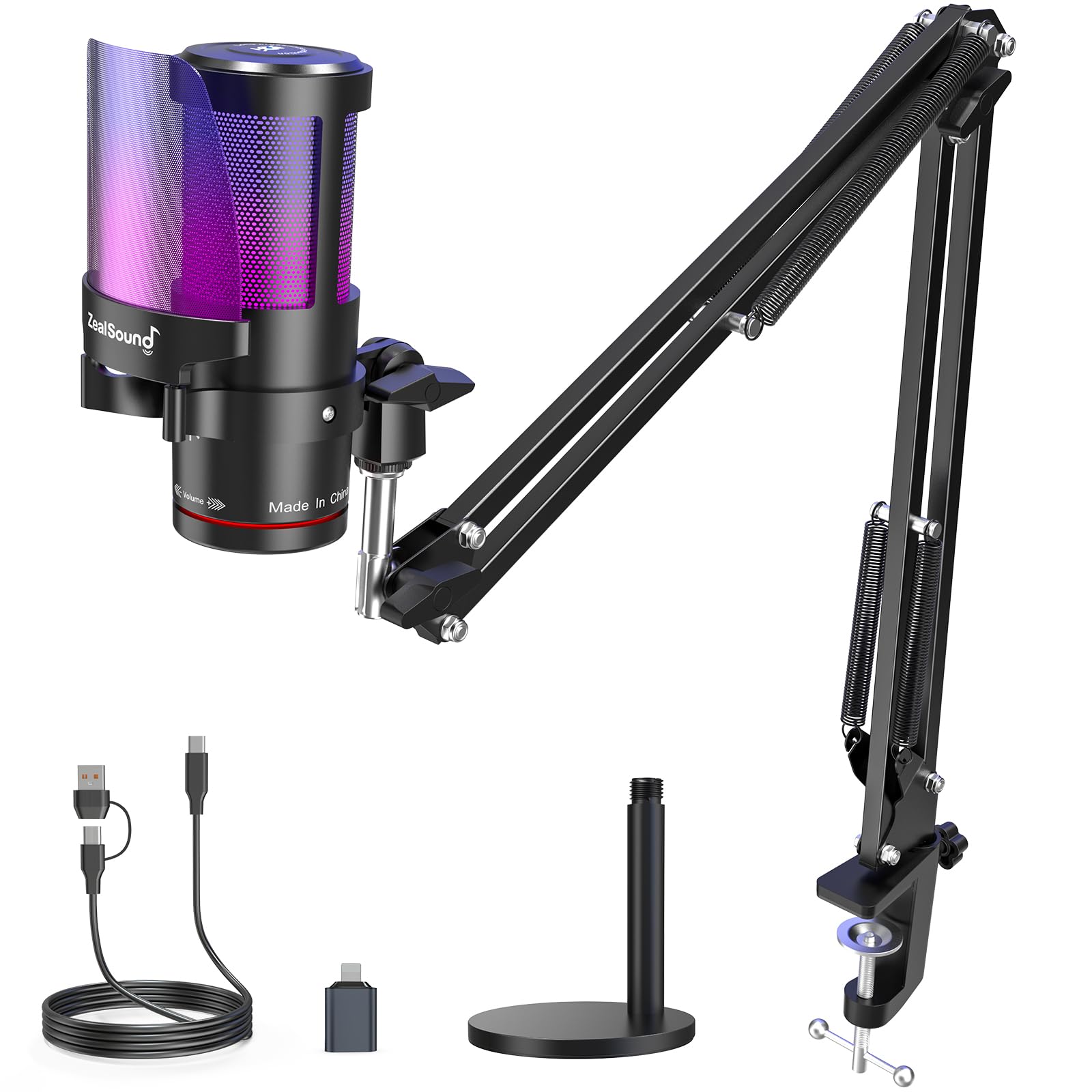 ZealSound USB Microphone for iPhone,Noise Cancellation Gaming mic with Touch Mute,Gain,Monitoring,USB Mic Boom Arm for Streaming,Podcast,Twitch,YouTube,Discord,iPad,PC,Computer,PS4,PS5,Mac,GamerWave